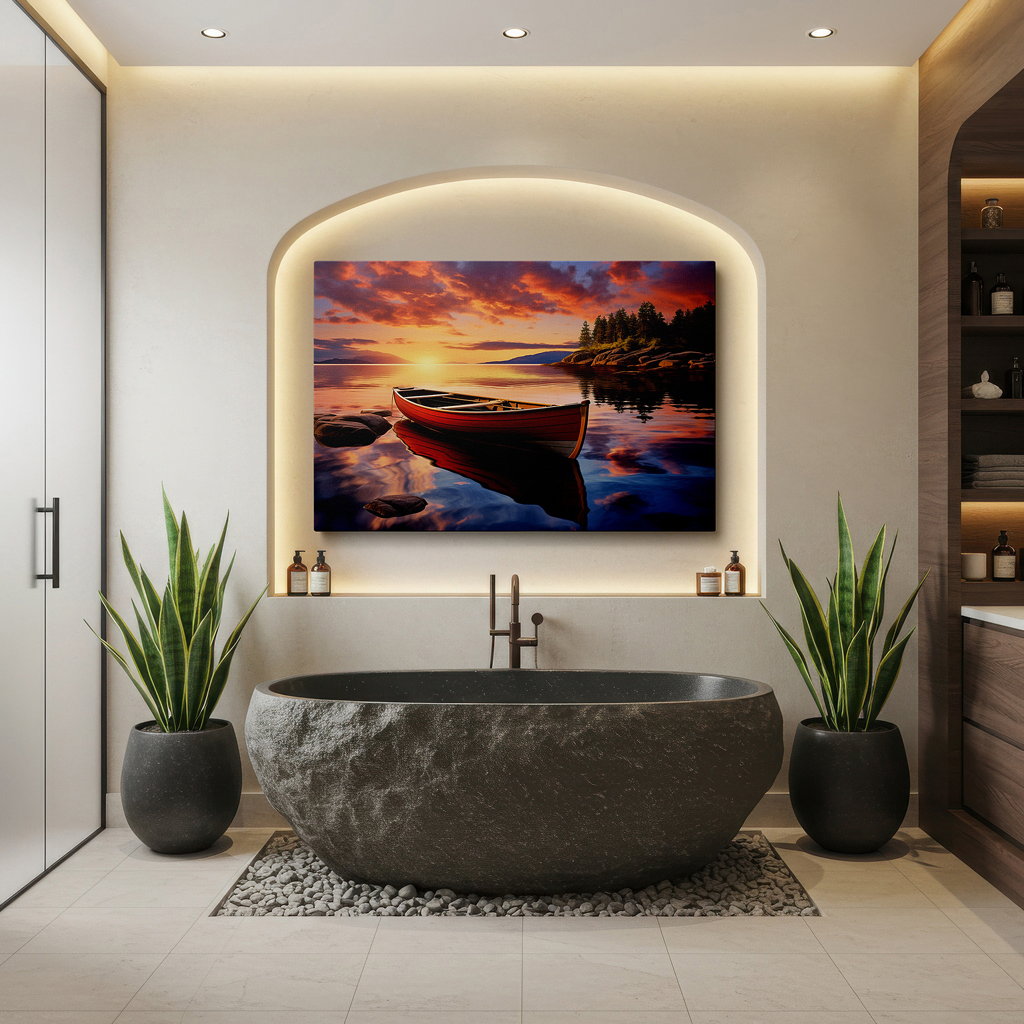 Presented on a clean white gallery wall with ample space — serene sunset and red canoe by rugged rocks - tranquil lake escape large wall art, canvas wall art, wall decor for office and bedroom