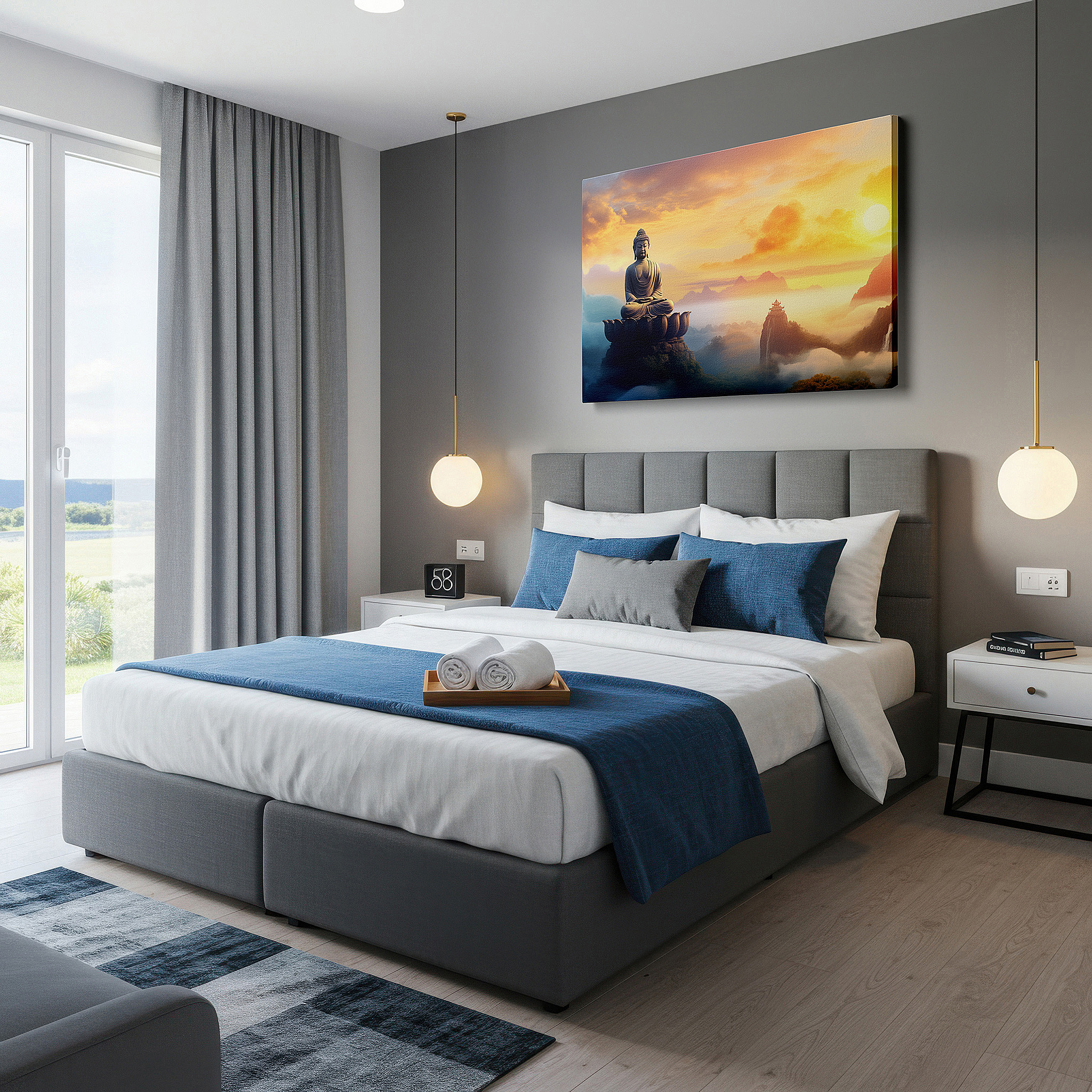 Presented on a clean white gallery wall with ample space — serenity and majesty - buddha at dawn amidst misty mountains: large canvas wall art for office, bedroom, and living room decor