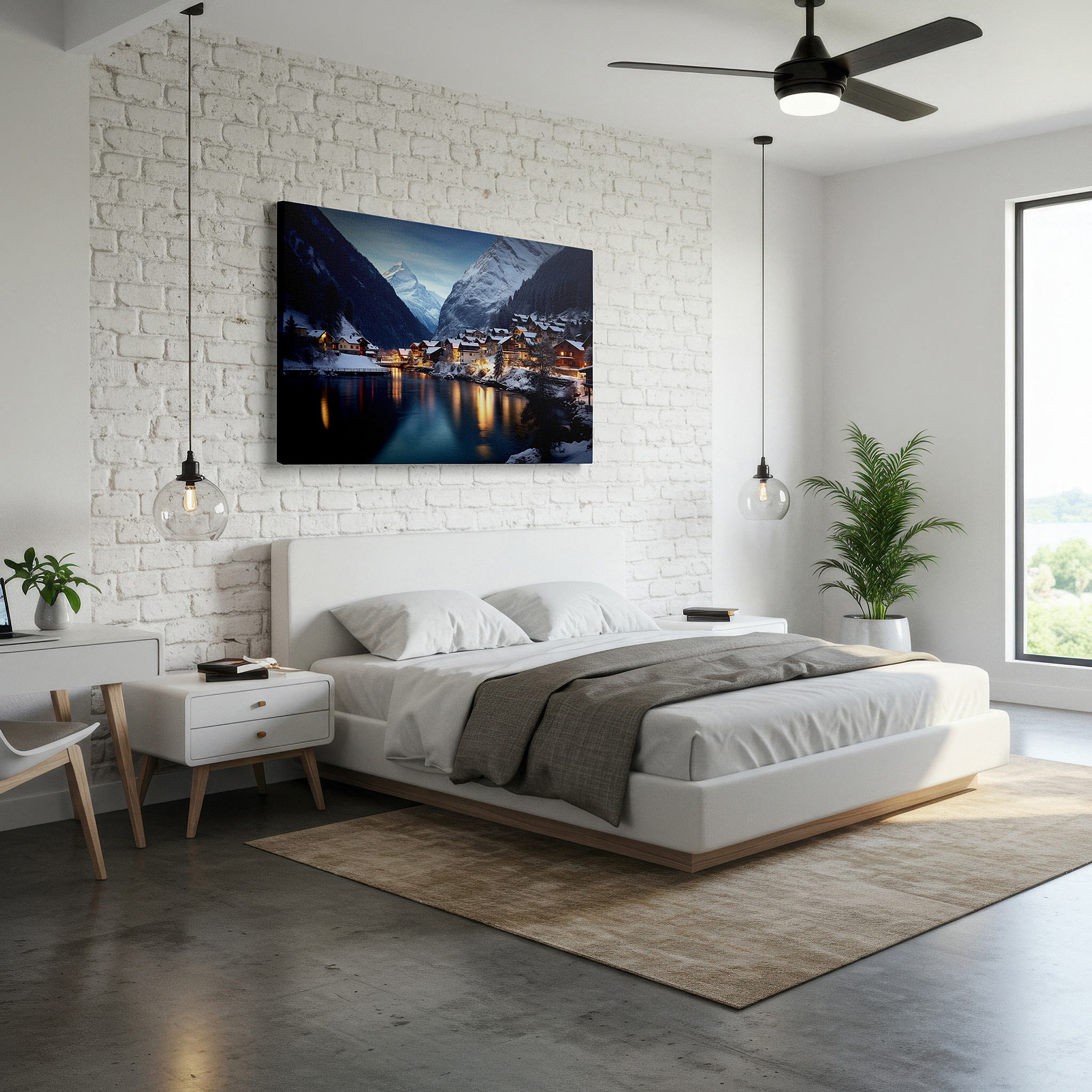 Presented on a clean white gallery wall with ample space — snow-covered village at twilight serenity, surrounded by majestic mountains large wall art, canvas wall art, wall decor for office and bedroom