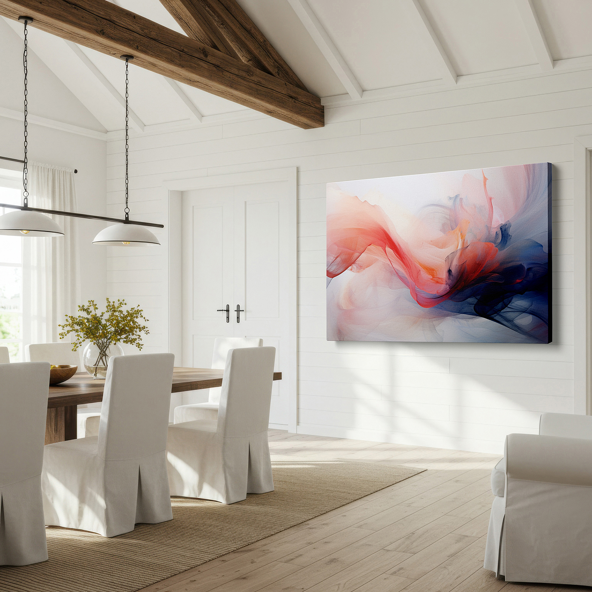 Presented on a clean white gallery wall with ample space — soft-hued abstract harmony: large canvas wall art for office, bedroom, and living room decor