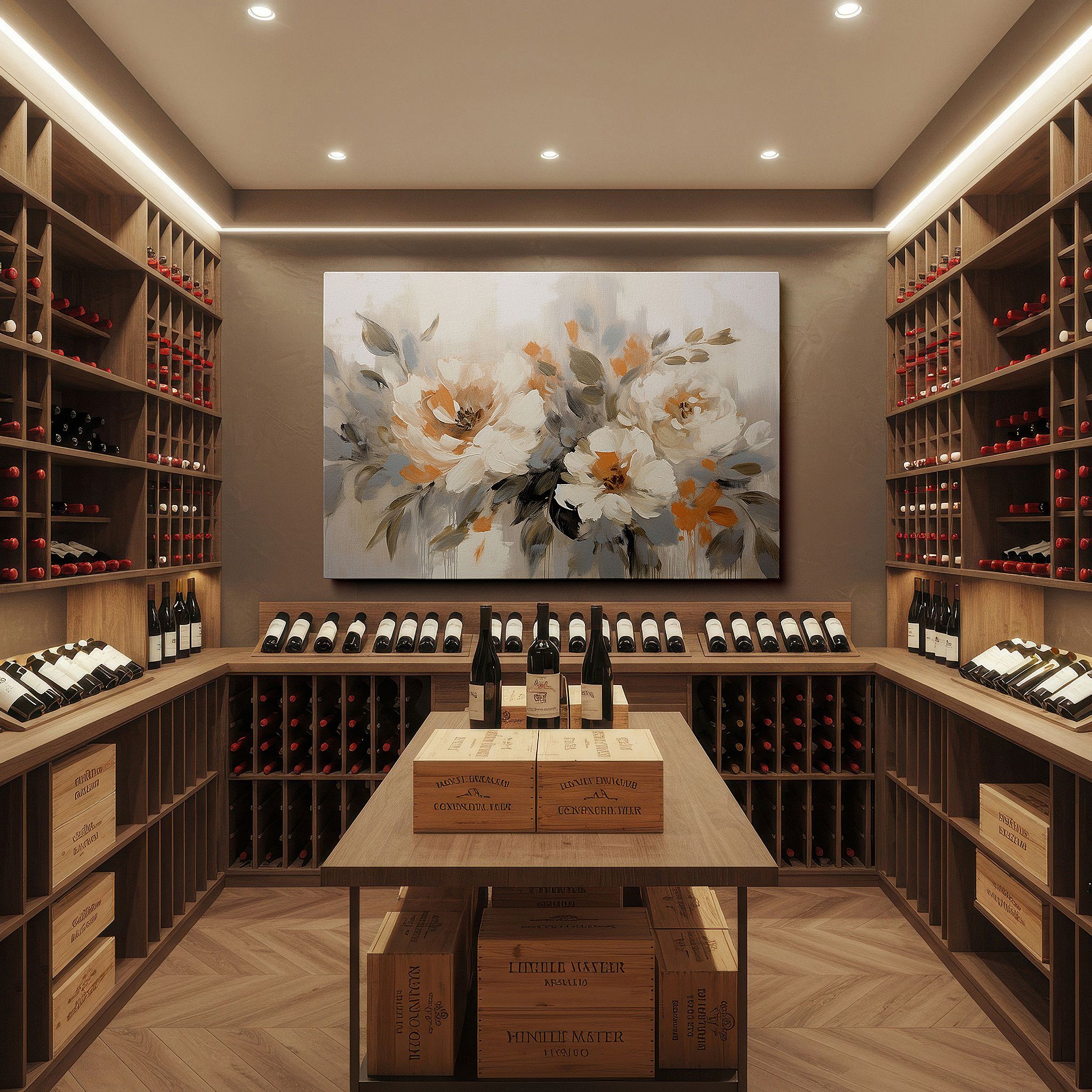Presented on a clean white gallery wall with ample space — soft-hued flower sanctuary: tranquil and serene large wall art, canvas decor for office and bedroom