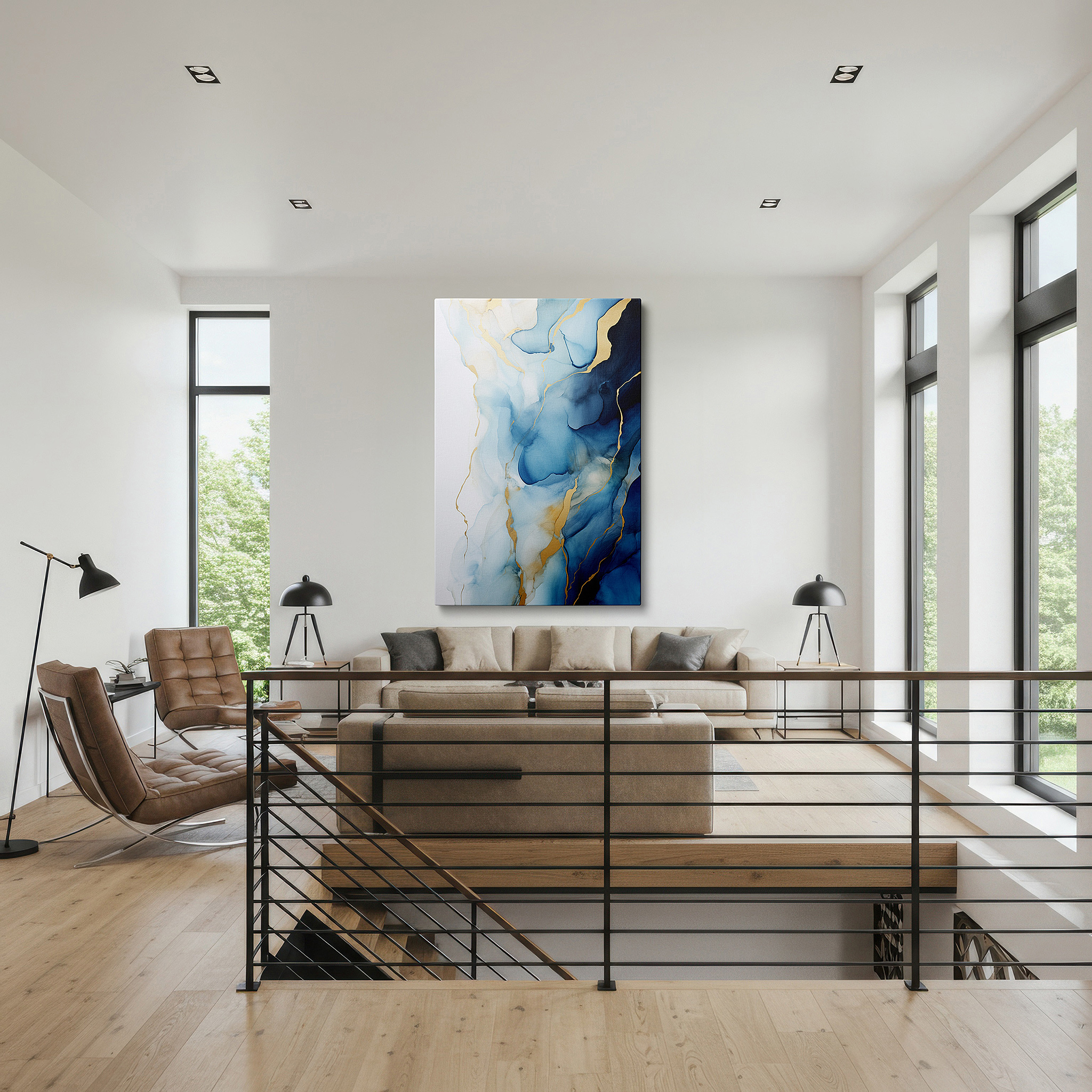 Presented on a clean white gallery wall with ample space — sophisticated symphony of tranquil blues and golden hues: large wall art, canvas wall art, wall art decor, office wall art