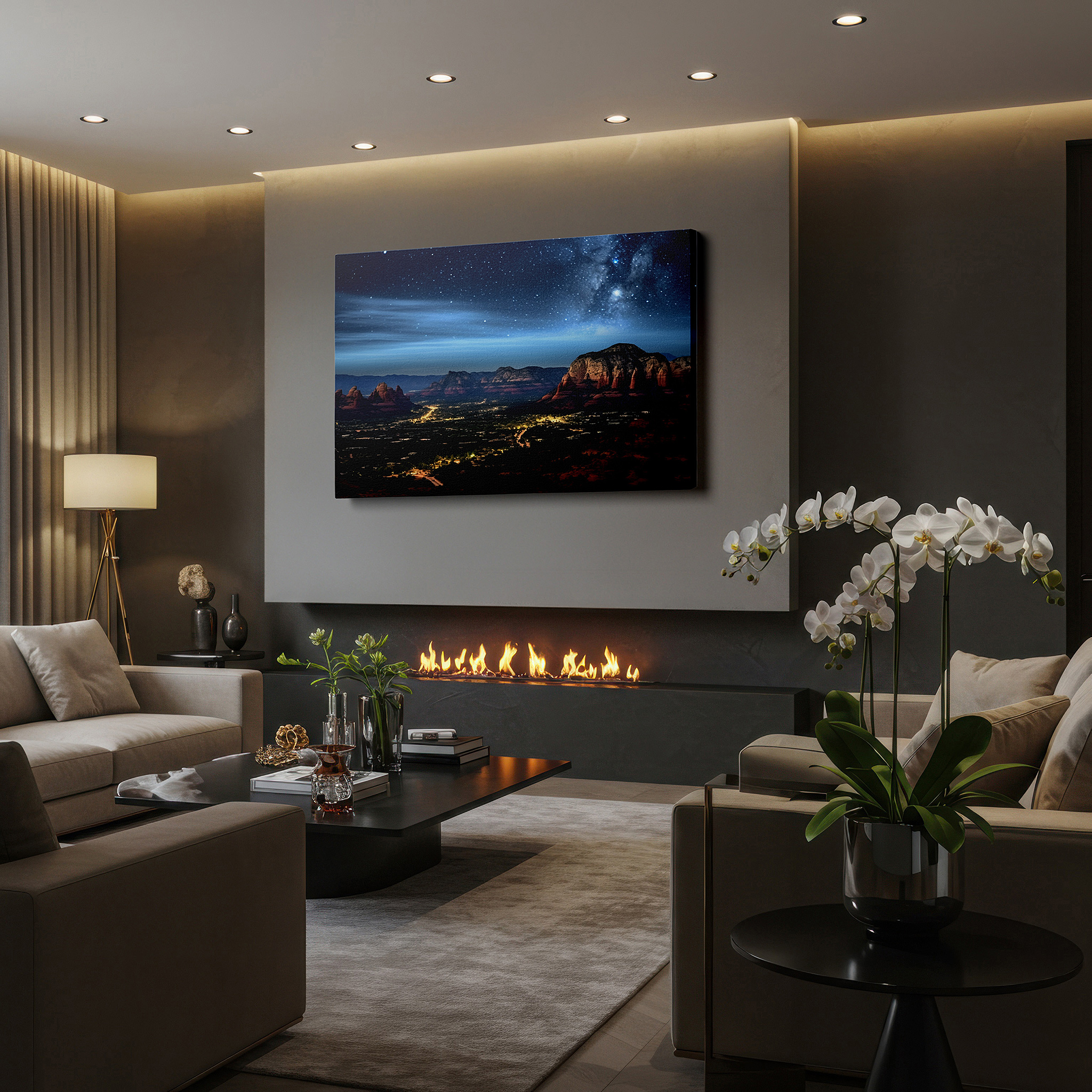 Presented on a clean white gallery wall with ample space — starlit sky and red rock mountains - celestial canopy above rugged terrain large wall art, canvas wall art, wall decor for office and bedroom
