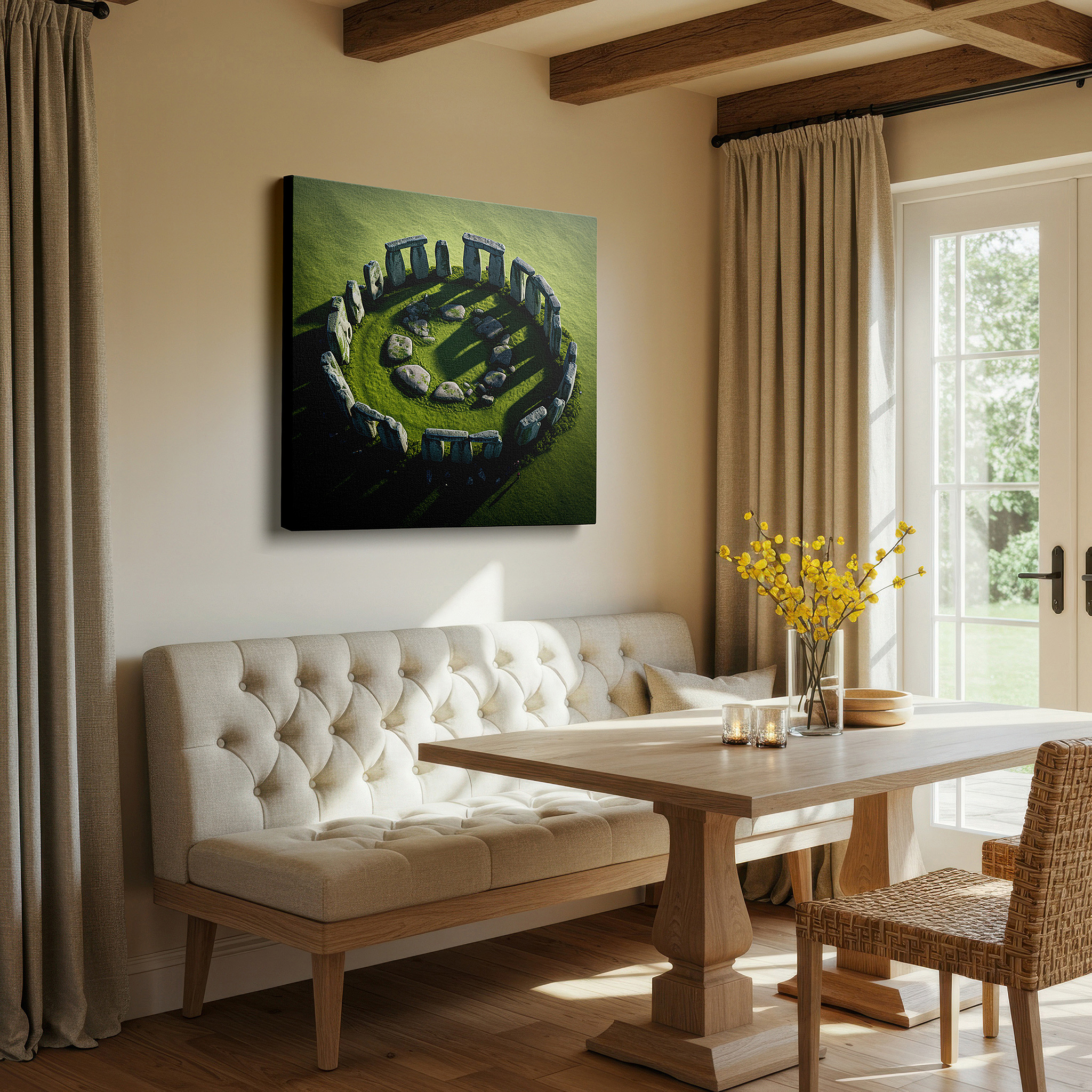 Presented on a clean white gallery wall with ample space — stonehenge aerial majesty large canvas wall art for office and bedroom decor, set in lush english countryside
