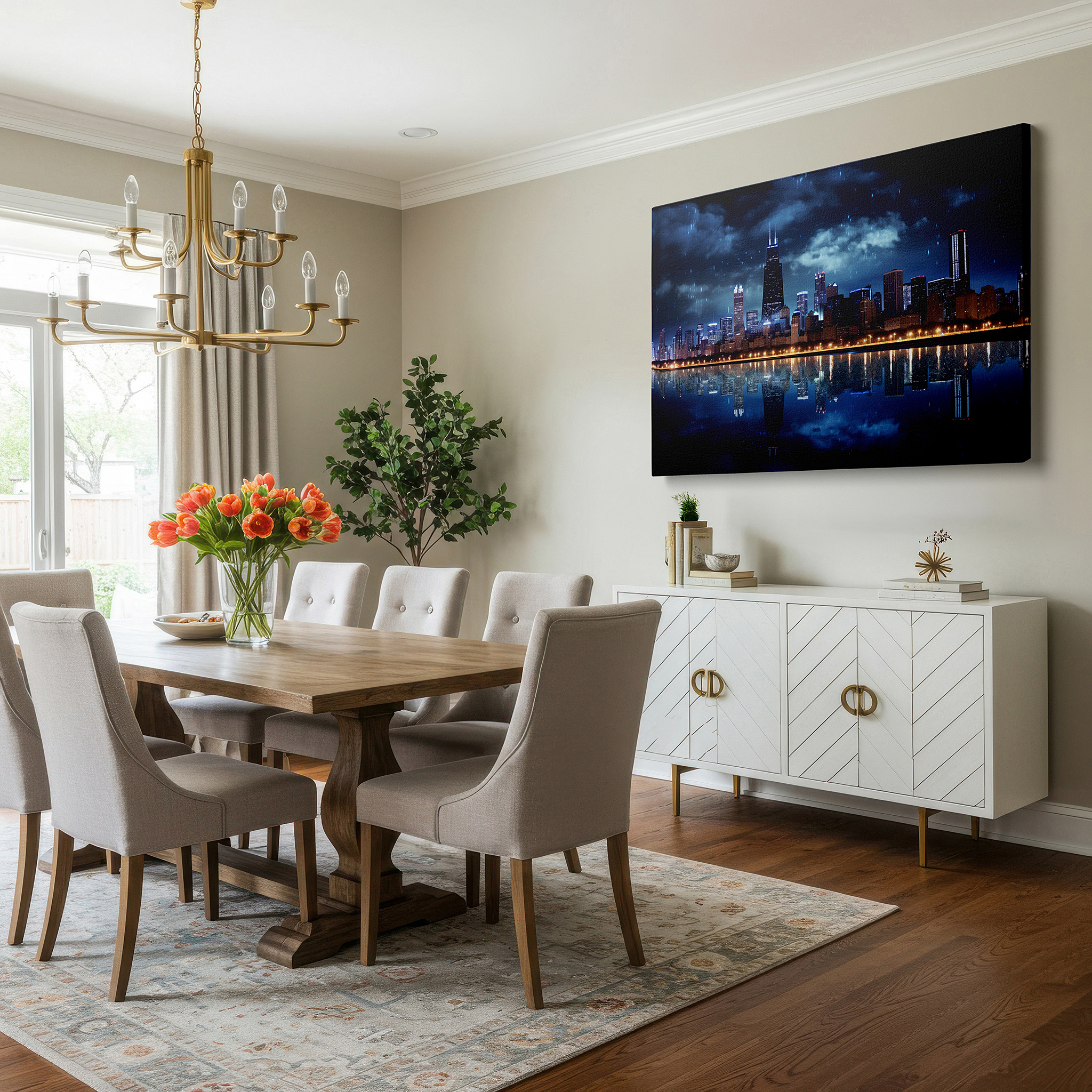 Presented on a clean white gallery wall with ample space — stormy evening in chicago: oil on canvas skyline masterpiece, large wall art for office or bedroom decor
