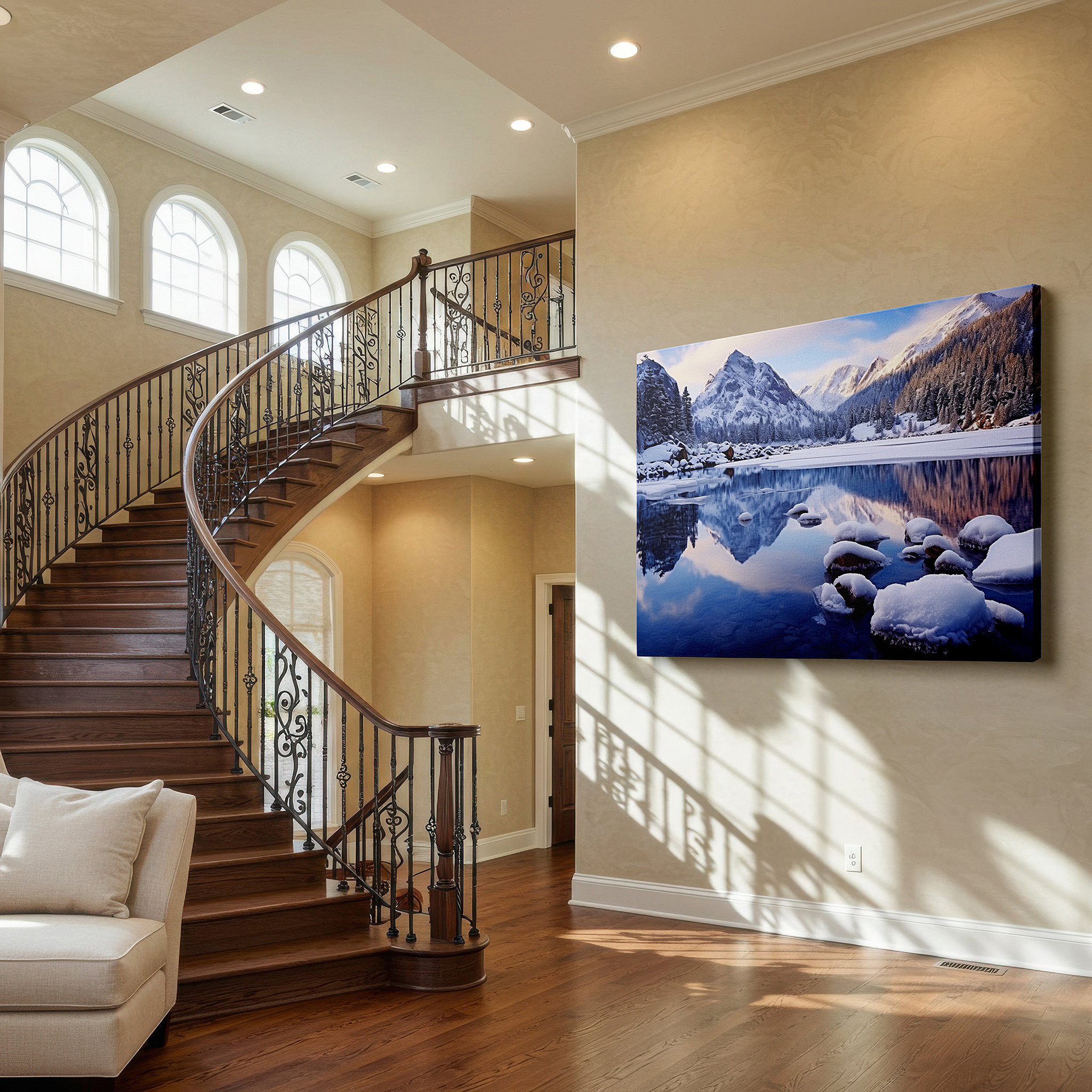 Presented on a clean white gallery wall with ample space — stunning icebergs and mountain peaks wall art: polar elegance on canvas for office, bedroom, and living room decor