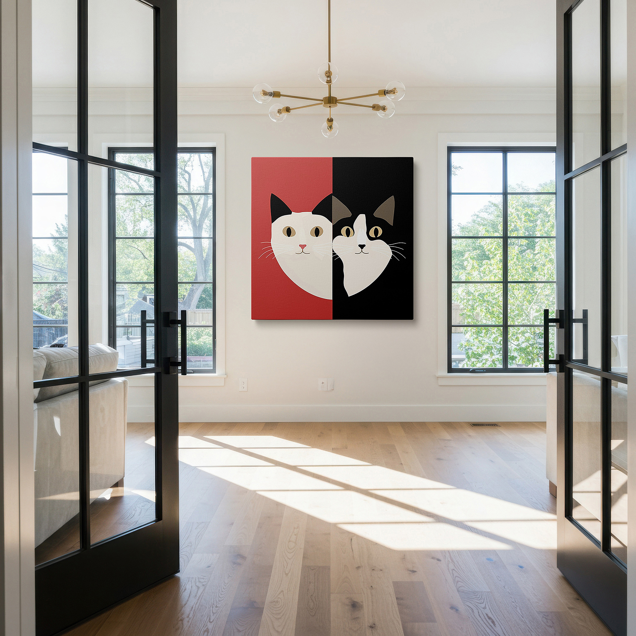 Presented on a clean white gallery wall with ample space — stylized cat faces in harmonious duality: vibrant and subdued tones, large wall art, canvas wall art, wall decor for office and bedroom