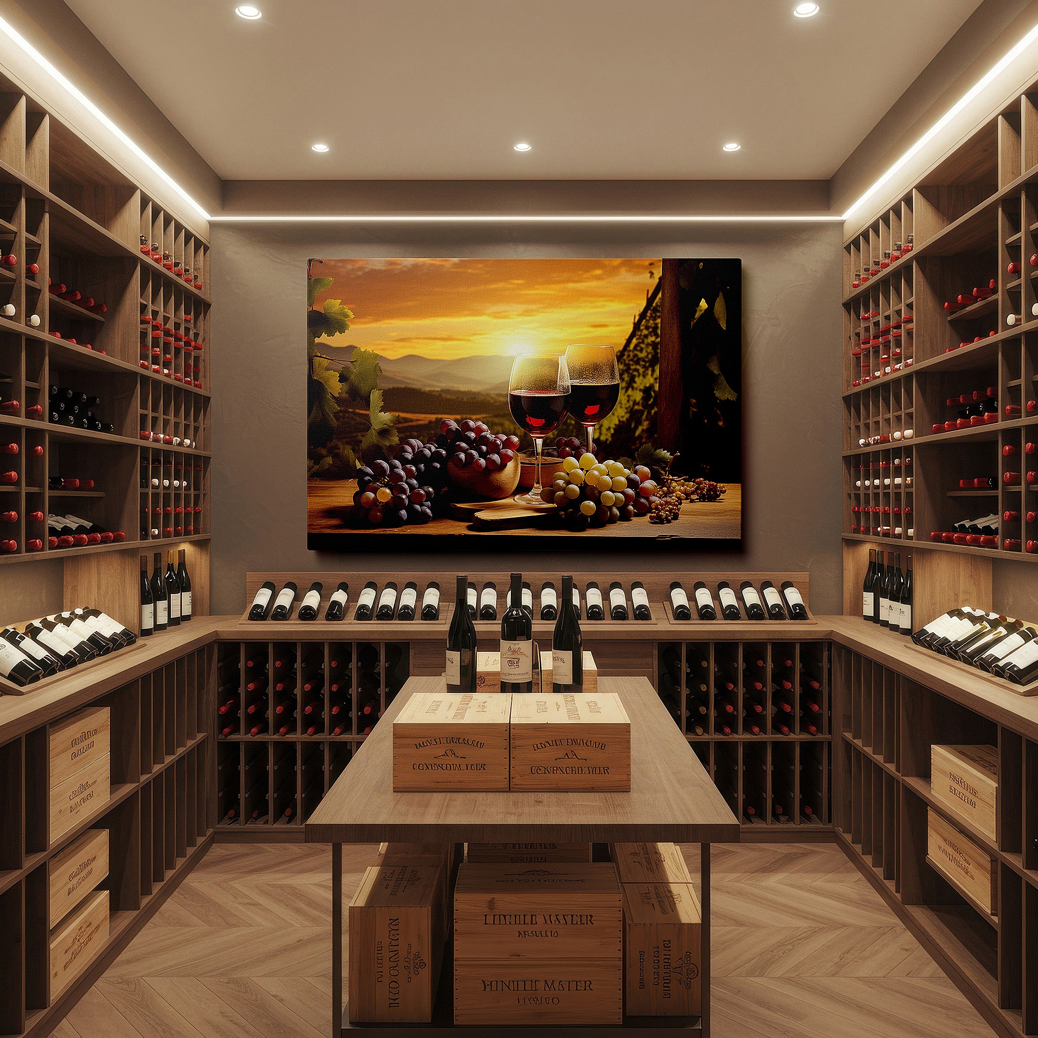 Presented on a clean white gallery wall with ample space — sunset serenade at the vineyard: celebrating wine, nature, and togetherness - large wall art, canvas wall art, wall decor, office wall art