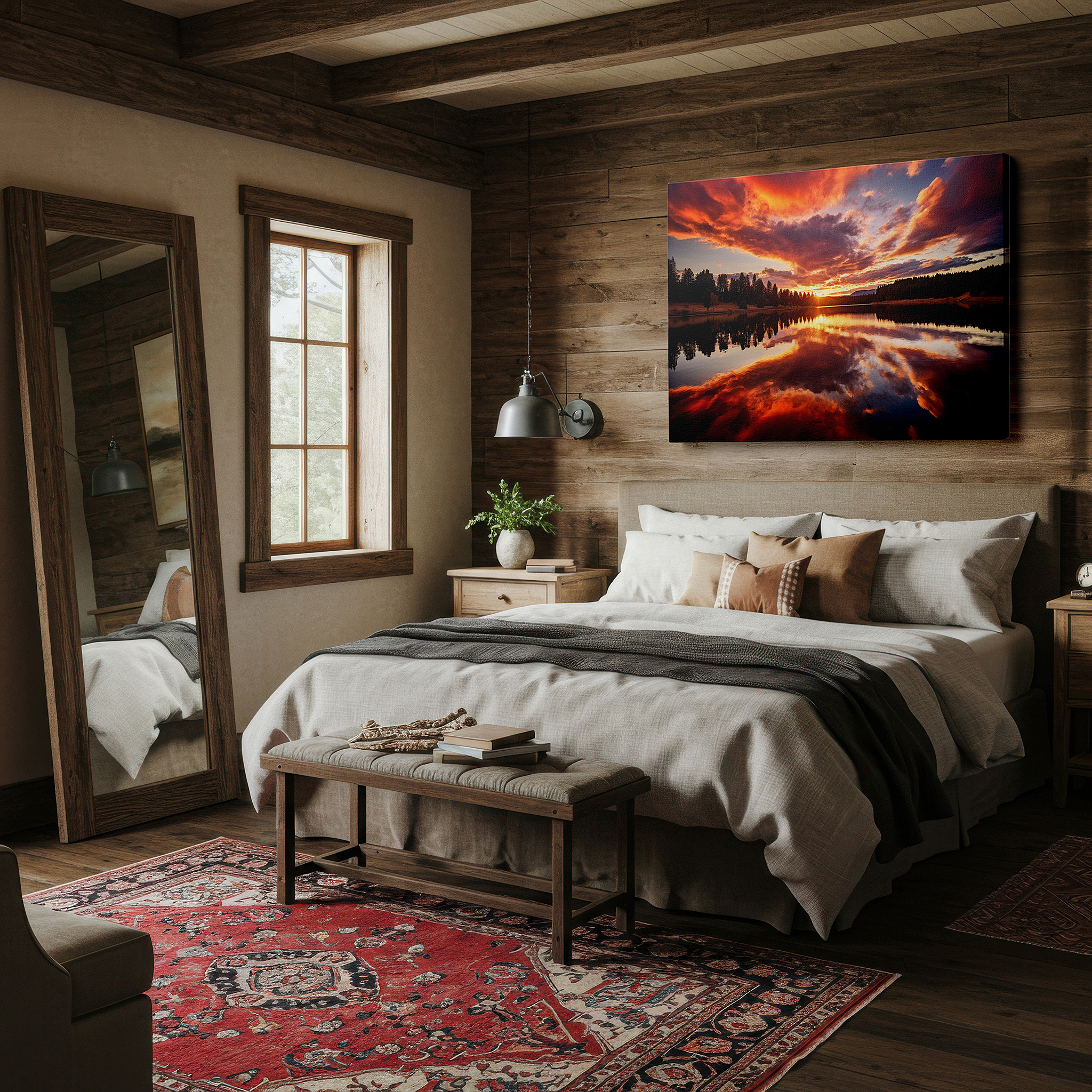 Presented on a clean white gallery wall with ample space — sunset over tranquil lake wall art: peaceful and renewing with a vibrant fiery sky and reflective waters, ideal for office decor, large canvas