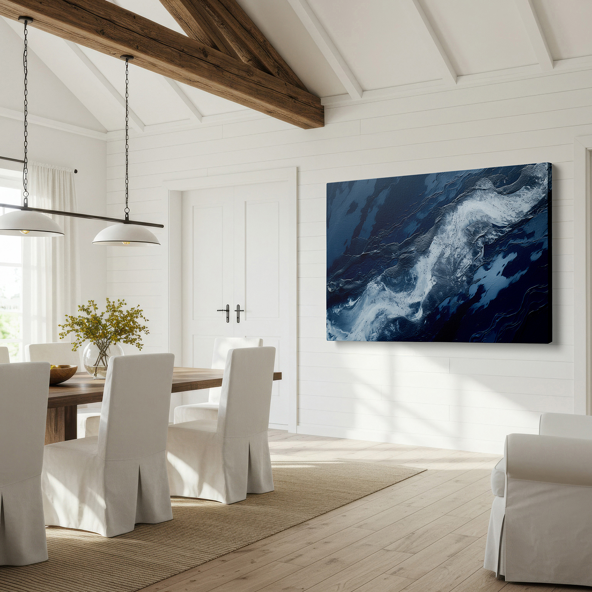 Presented on a clean white gallery wall with ample space — swirling ocean currents and serene blues aerial dance large wall art, canvas wall decor for office, bedroom, and living room