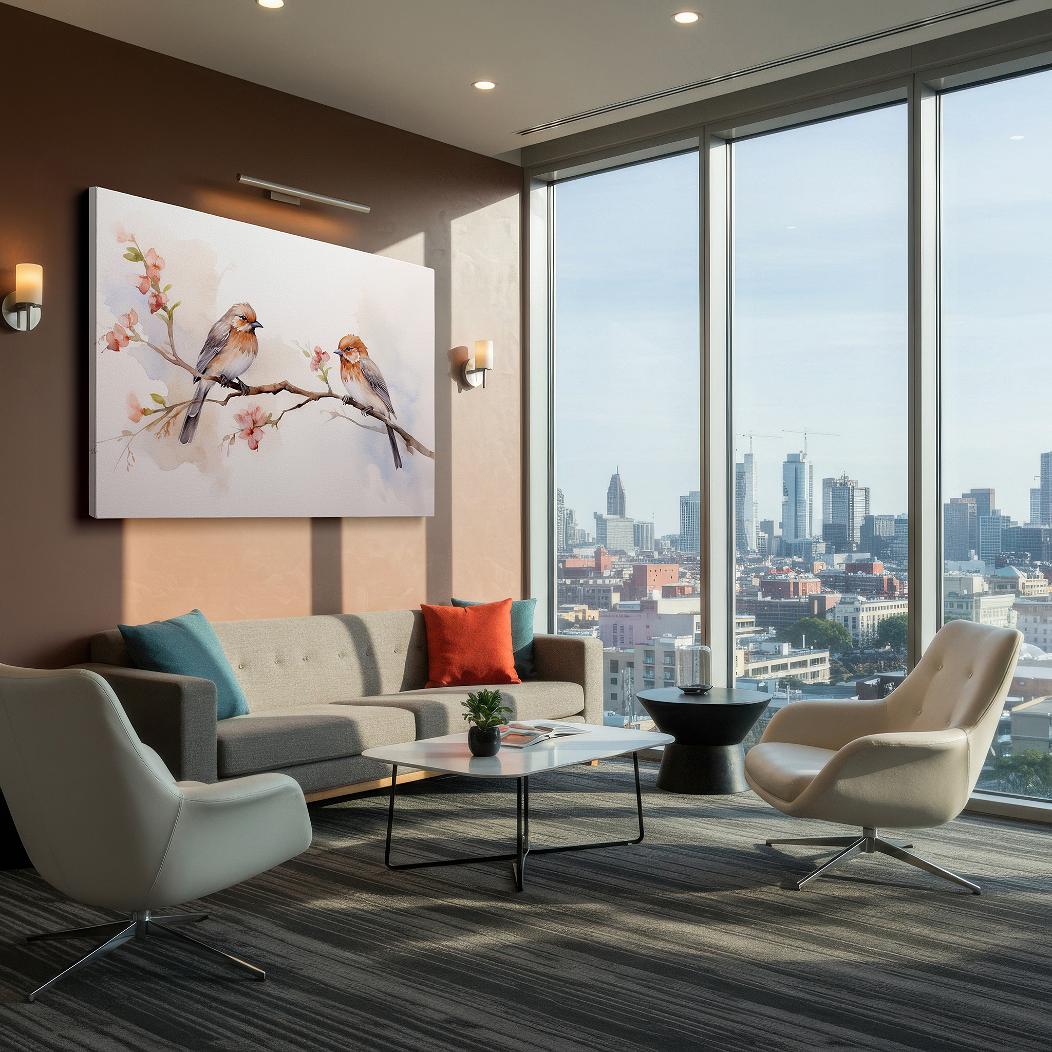 Presented on a clean white gallery wall with ample space — tender birds perched on flowering branches, representing love and connection - large wall art, canvas wall art, wall decor for office and bedroom