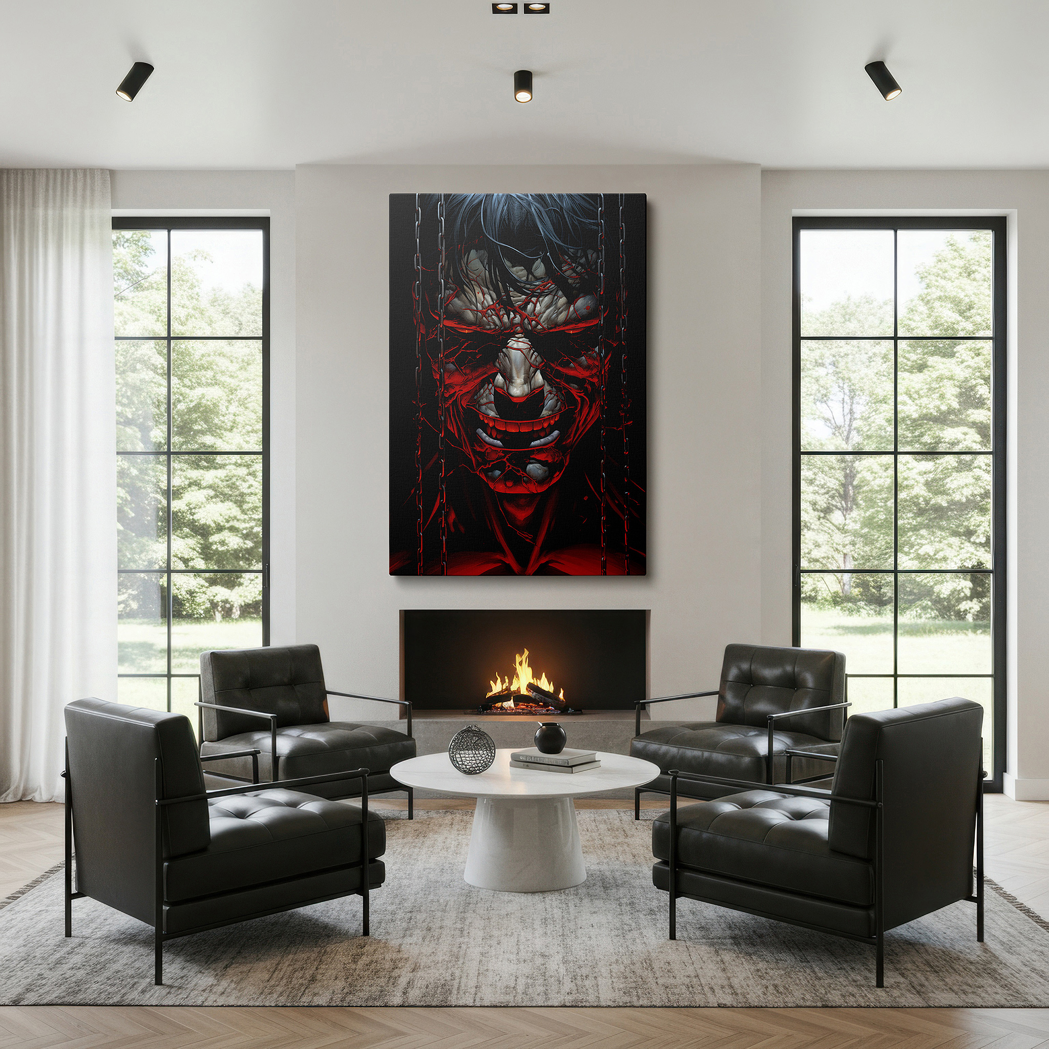 Presented on a clean white gallery wall with ample space — tormented soul bound by chains of despair in a stark landscape: large canvas wall art for office and bedroom decor