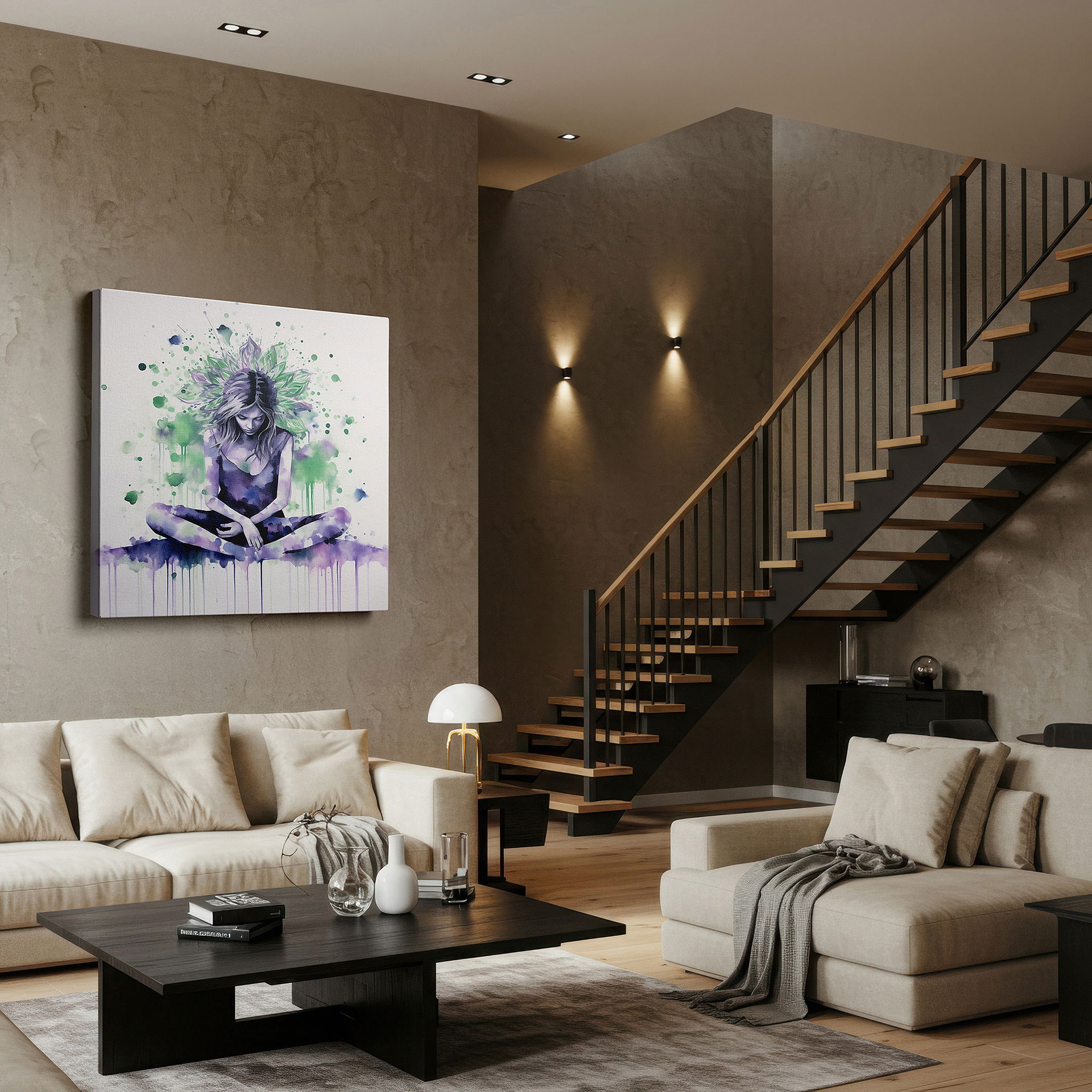 Presented on a clean white gallery wall with ample space — tranquil chaos: vivid watercolor meditation - large canvas wall art for office, bedroom, and living room decor