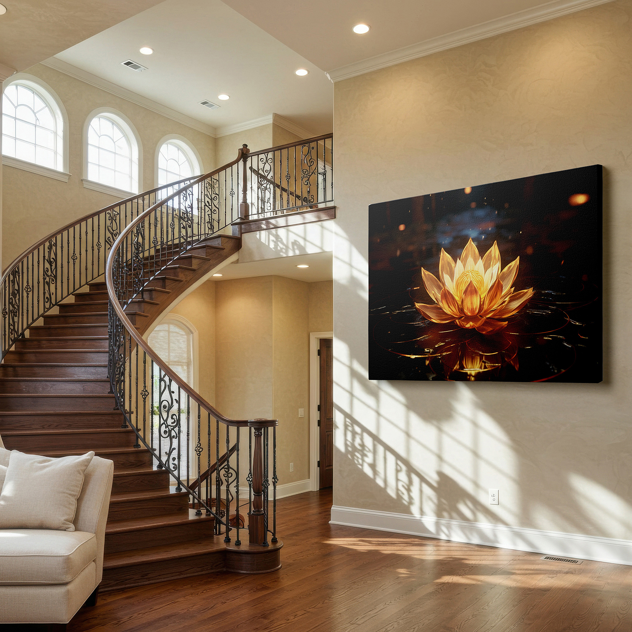 Presented on a clean white gallery wall with ample space — tranquil golden lotus pond large canvas wall art for peace and enlightenment, ideal for office and bedroom decor