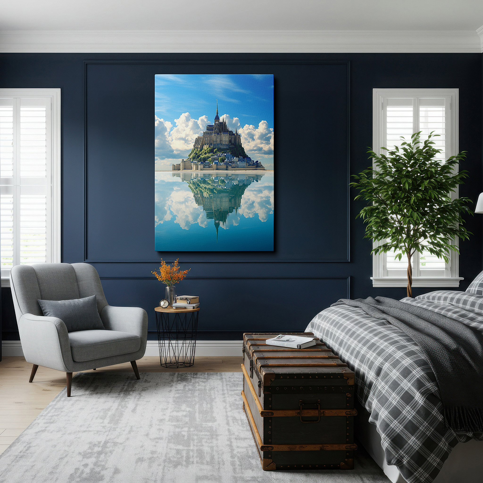 Presented on a clean white gallery wall with ample space — tranquil island castle wall art: reflecting architectural majesty in serene waters, large canvas decor
