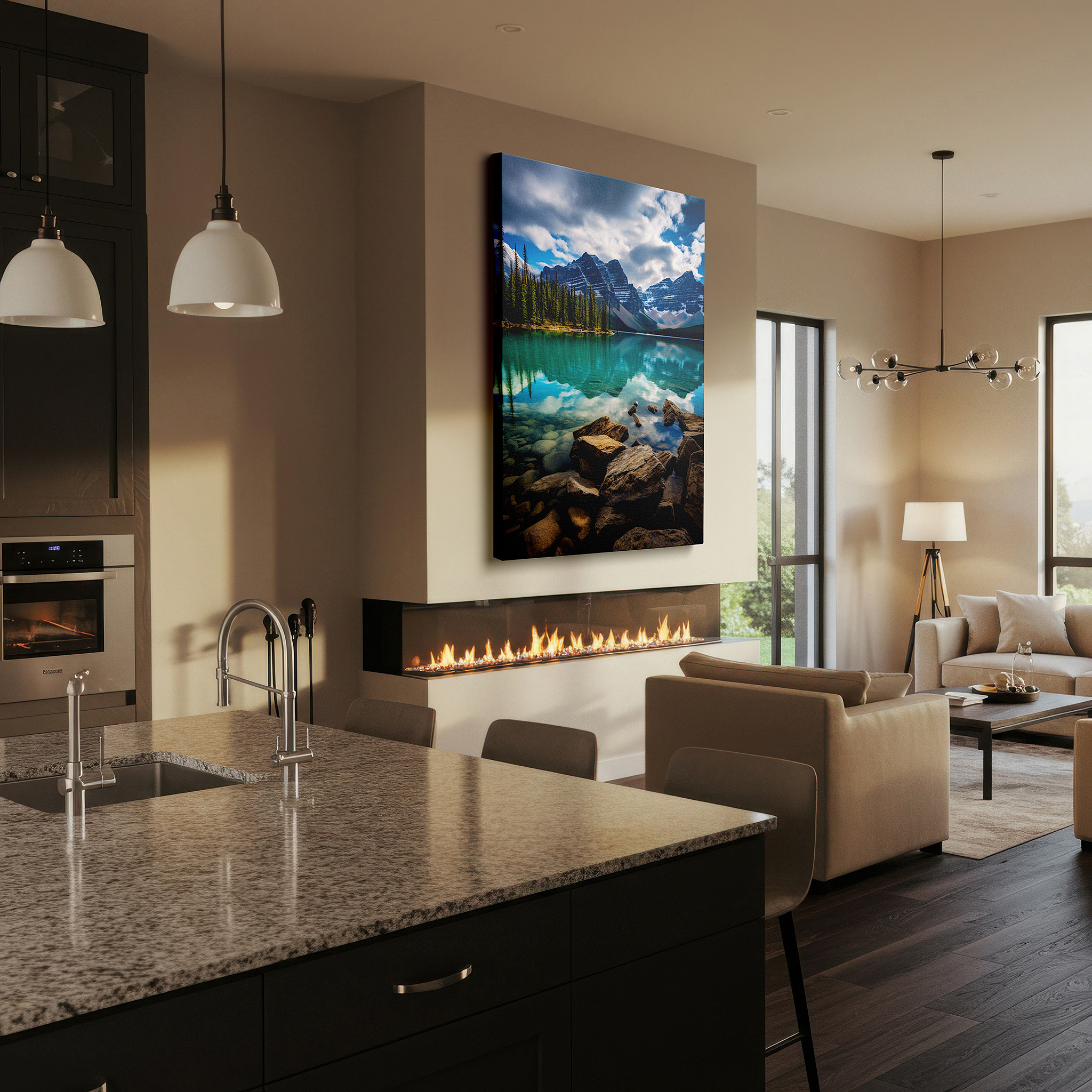 Presented on a clean white gallery wall with ample space — tranquil mountain lake surrounded by majestic peaks with reflective dynamic skies, large canvas wall art for office and bedroom decor
