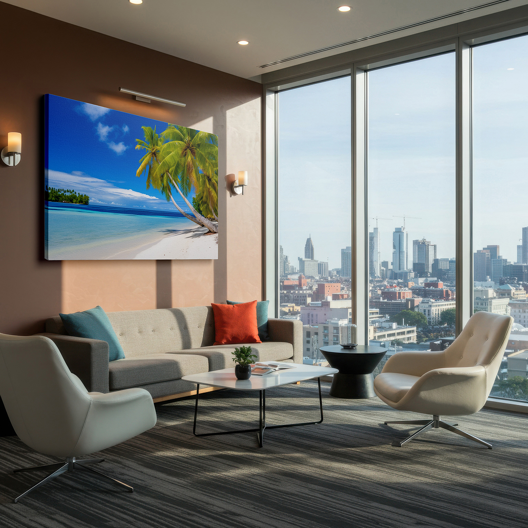 Presented on a clean white gallery wall with ample space — tropical paradise beach scene: a peaceful retreat for home and office - large canvas wall art for living spaces, offices, and bedrooms