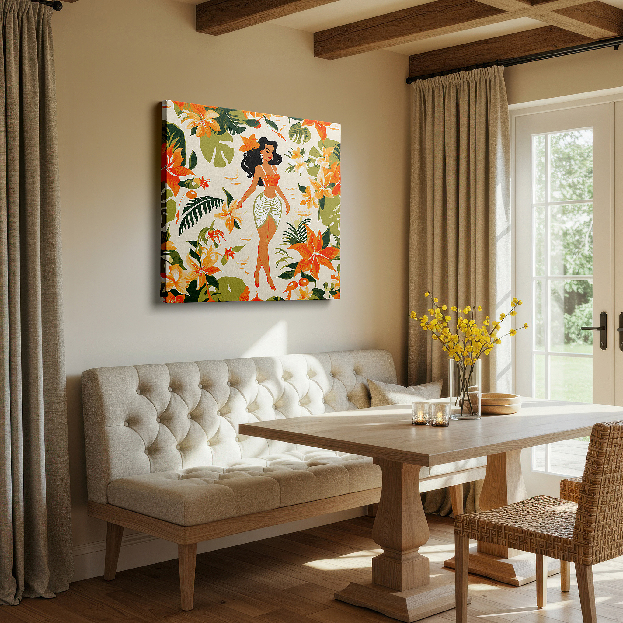 Presented on a clean white gallery wall with ample space — tropical paradise wall art featuring serene hawaiian woman - large canvas for office, bedroom, and living room decor