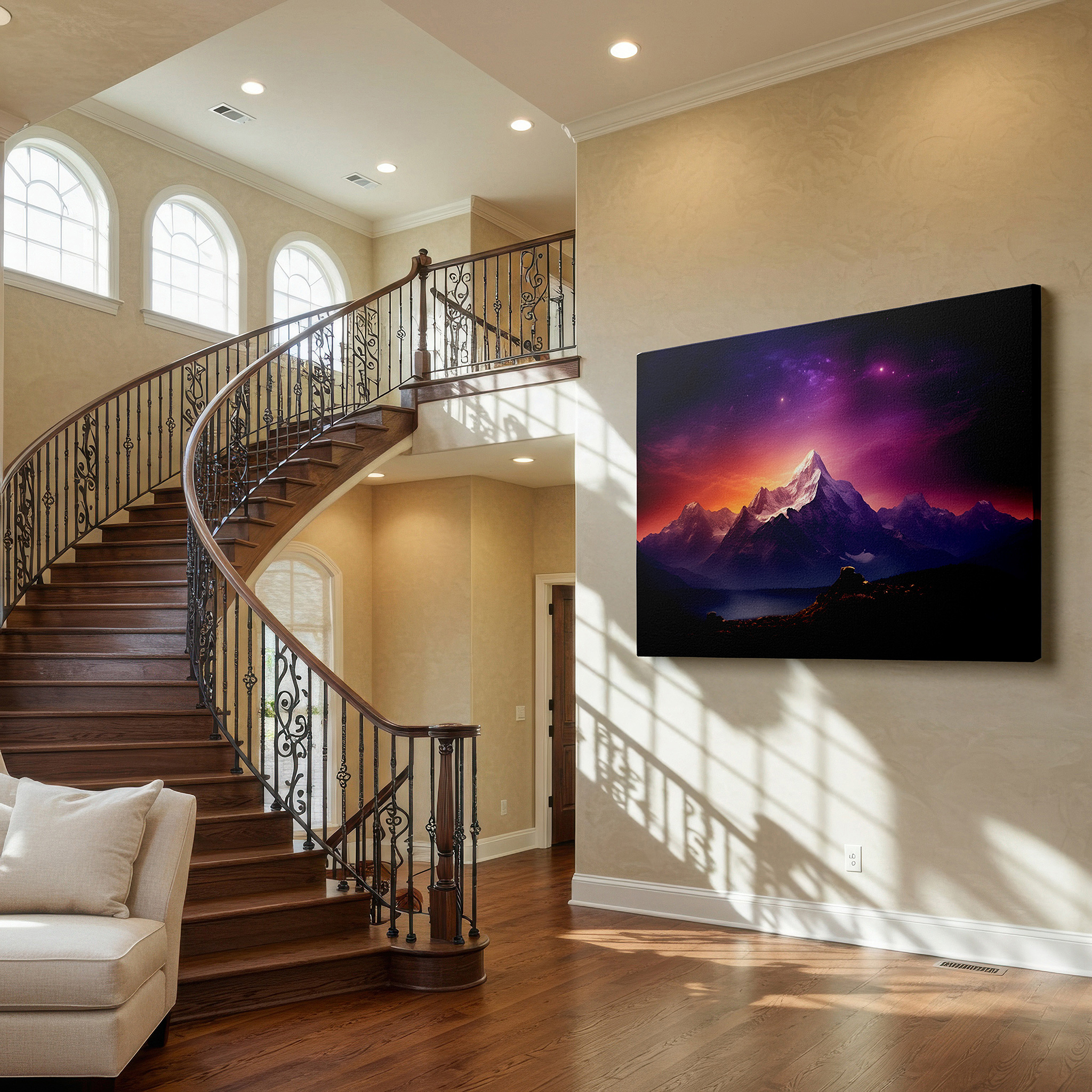 Presented on a clean white gallery wall with ample space — twilight majesty: a dance of light and darkness - large canvas wall art for office, bedroom, and living room decor