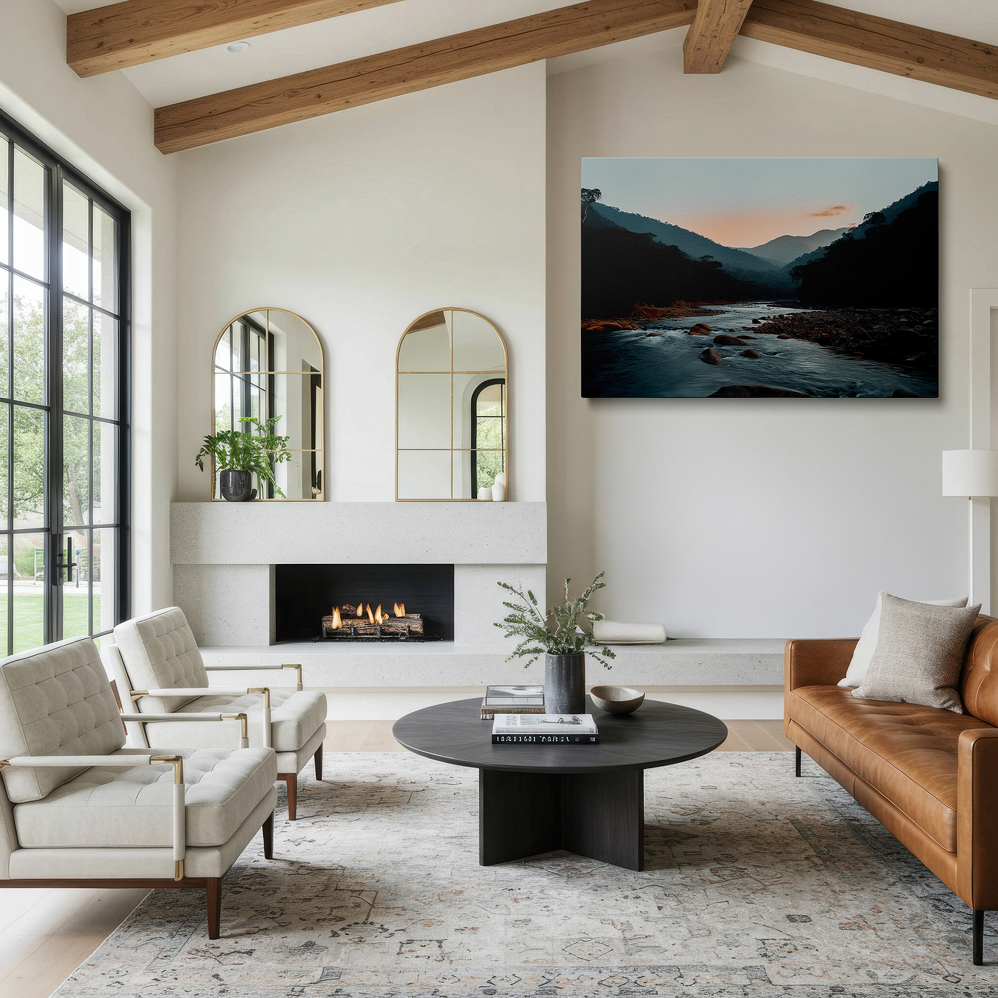 Presented on a clean white gallery wall with ample space — twilight serenity by the mountain river - a peaceful retreat into nature's embrace large wall art, canvas wall art, wall decor, office wall art
