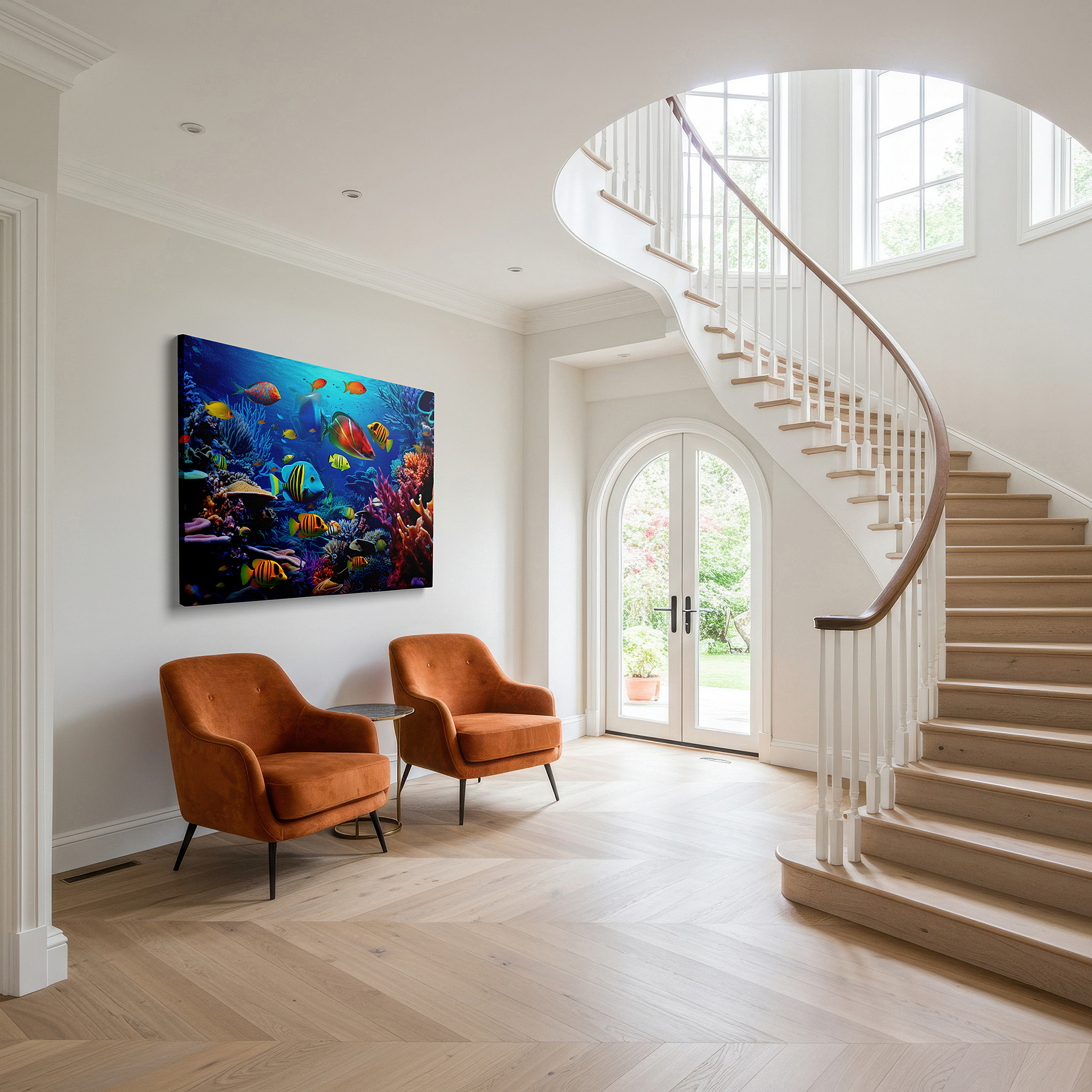 Presented on a clean white gallery wall with ample space — underwater majesty: clownfish and vibrant coral reefs wall art - large canvas for home and office decor, perfect for living rooms and bedrooms