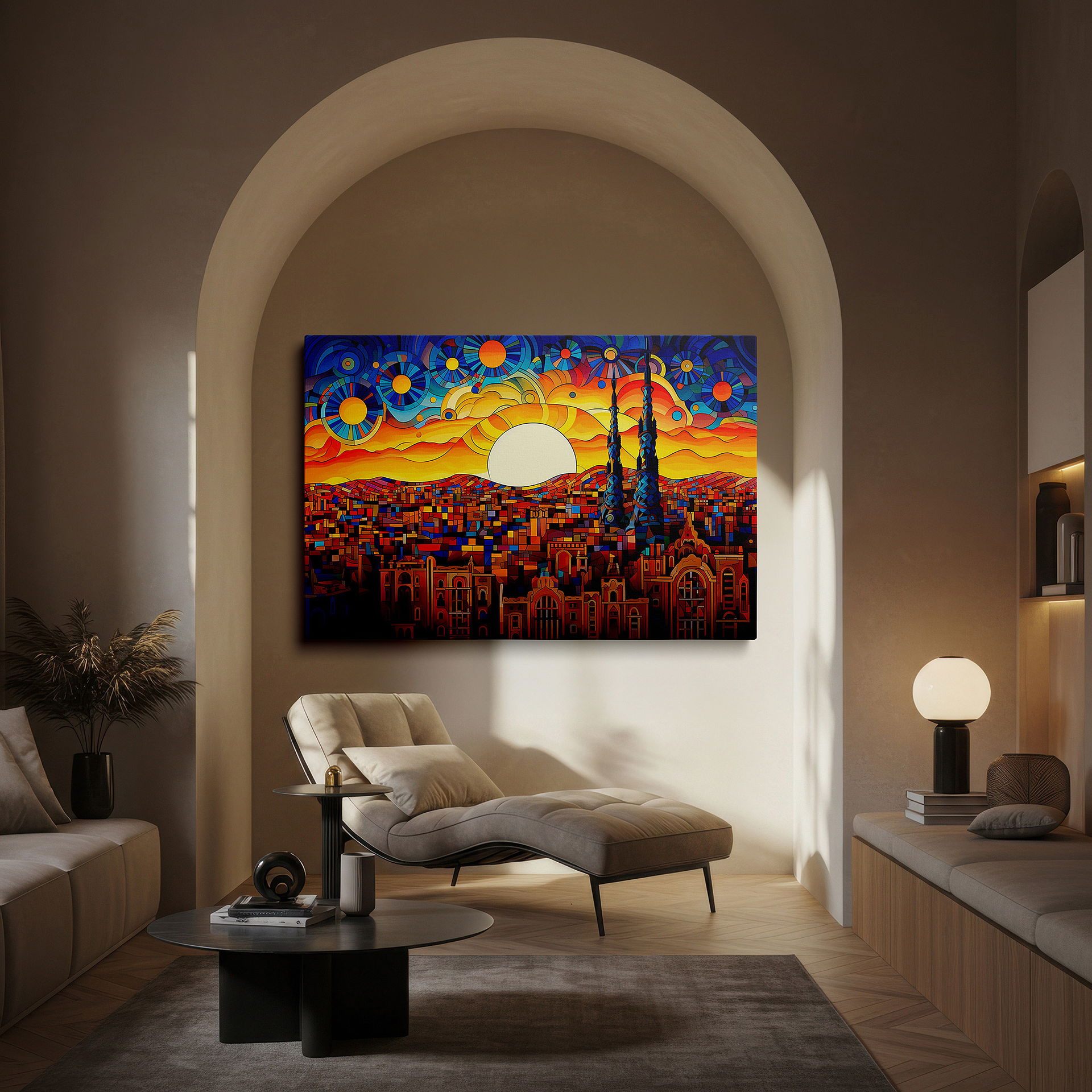 Presented on a clean white gallery wall with ample space — urban sunset in stained glass: a cityscape of light and color - large wall art, canvas wall art, wall decor for office and bedroom
