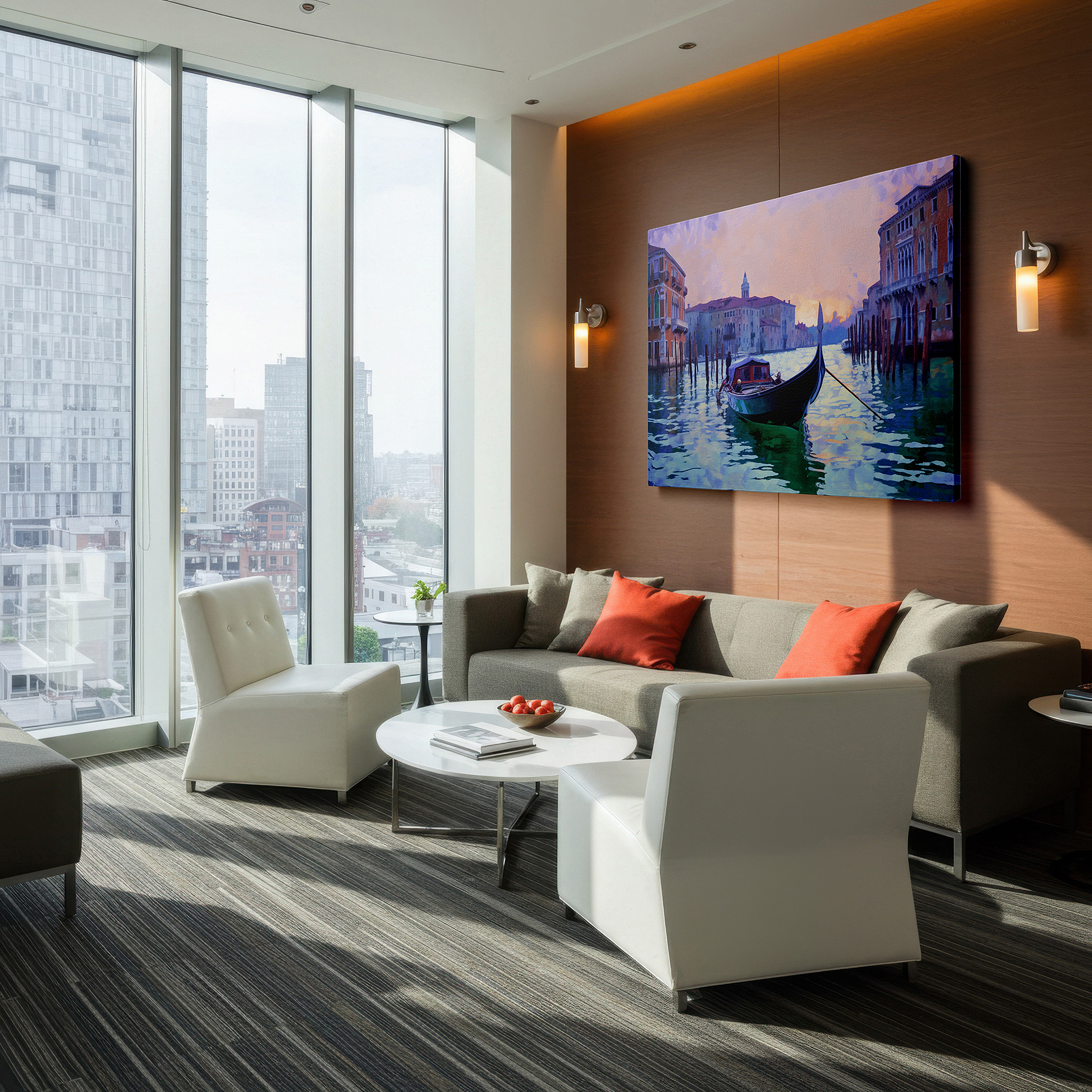 Presented on a clean white gallery wall with ample space — venetian sunset and serene gondola ride through historic canals large canvas wall art for office and bedroom decor
