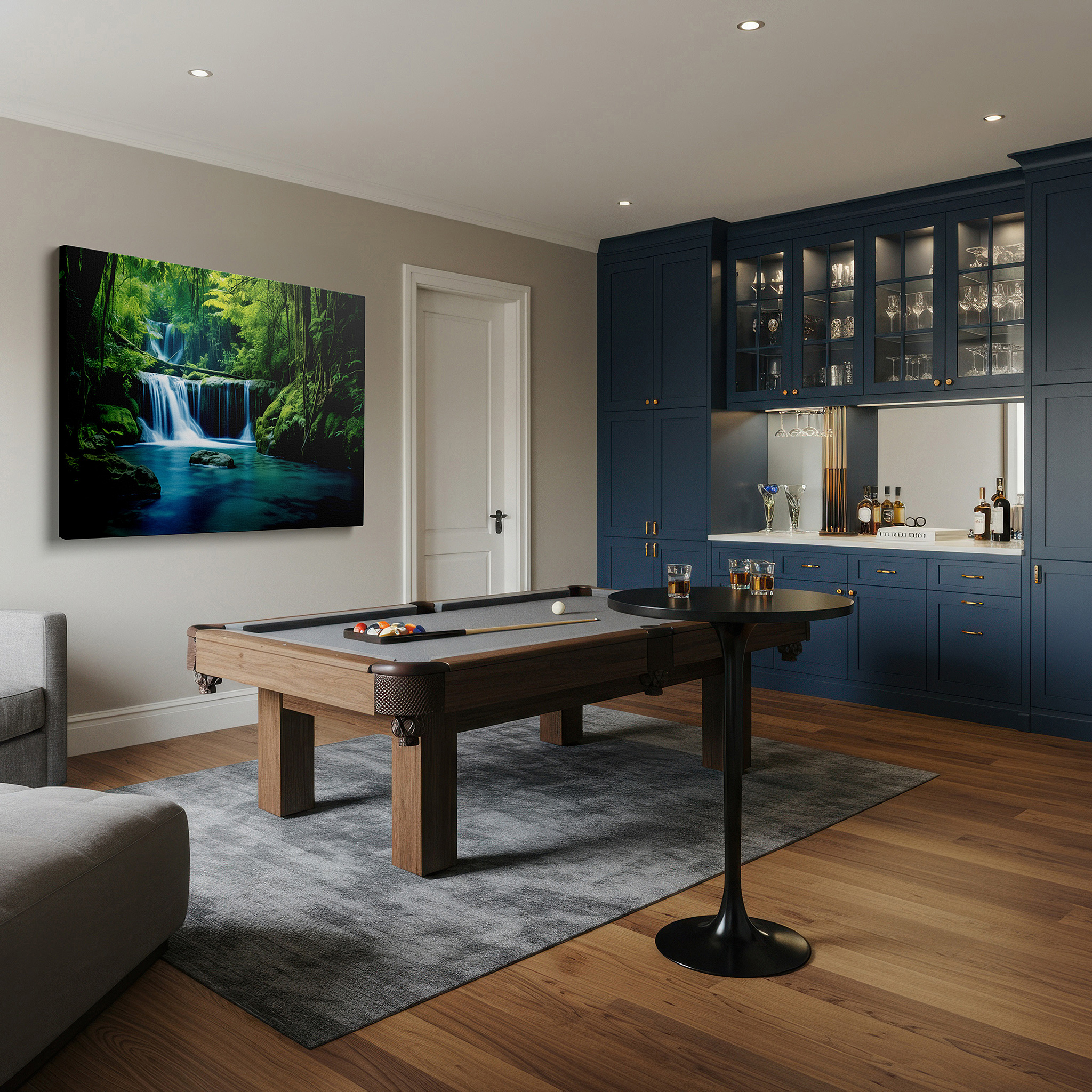 Presented on a clean white gallery wall with ample space — verdant forest sanctuary canvas wall art featuring cascading waterfalls and tranquil pool, ideal for office and bedroom decor