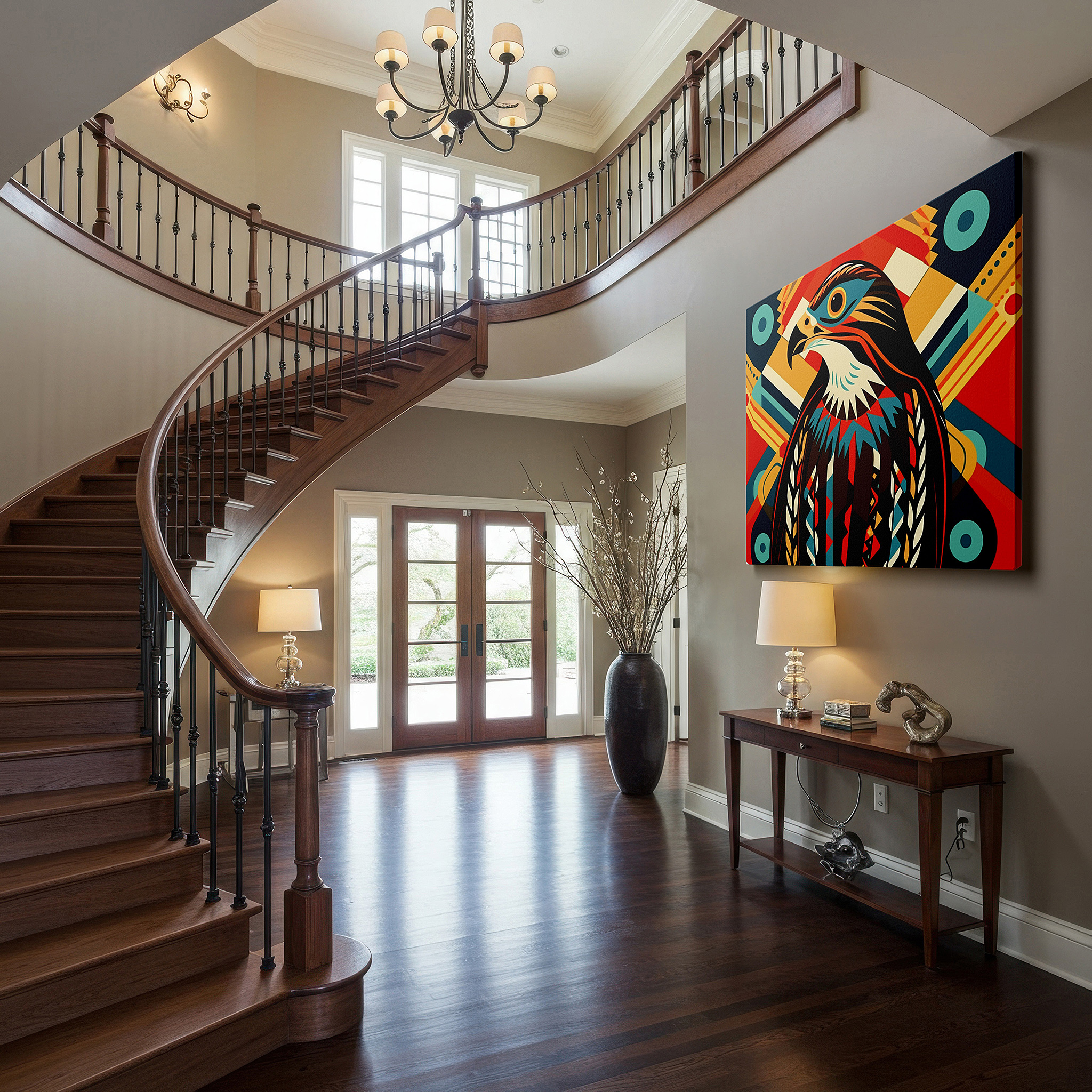 Presented on a clean white gallery wall with ample space — vibrant and abstract stylized bird wall art celebrating nature and artistic expression, large canvas wall decor