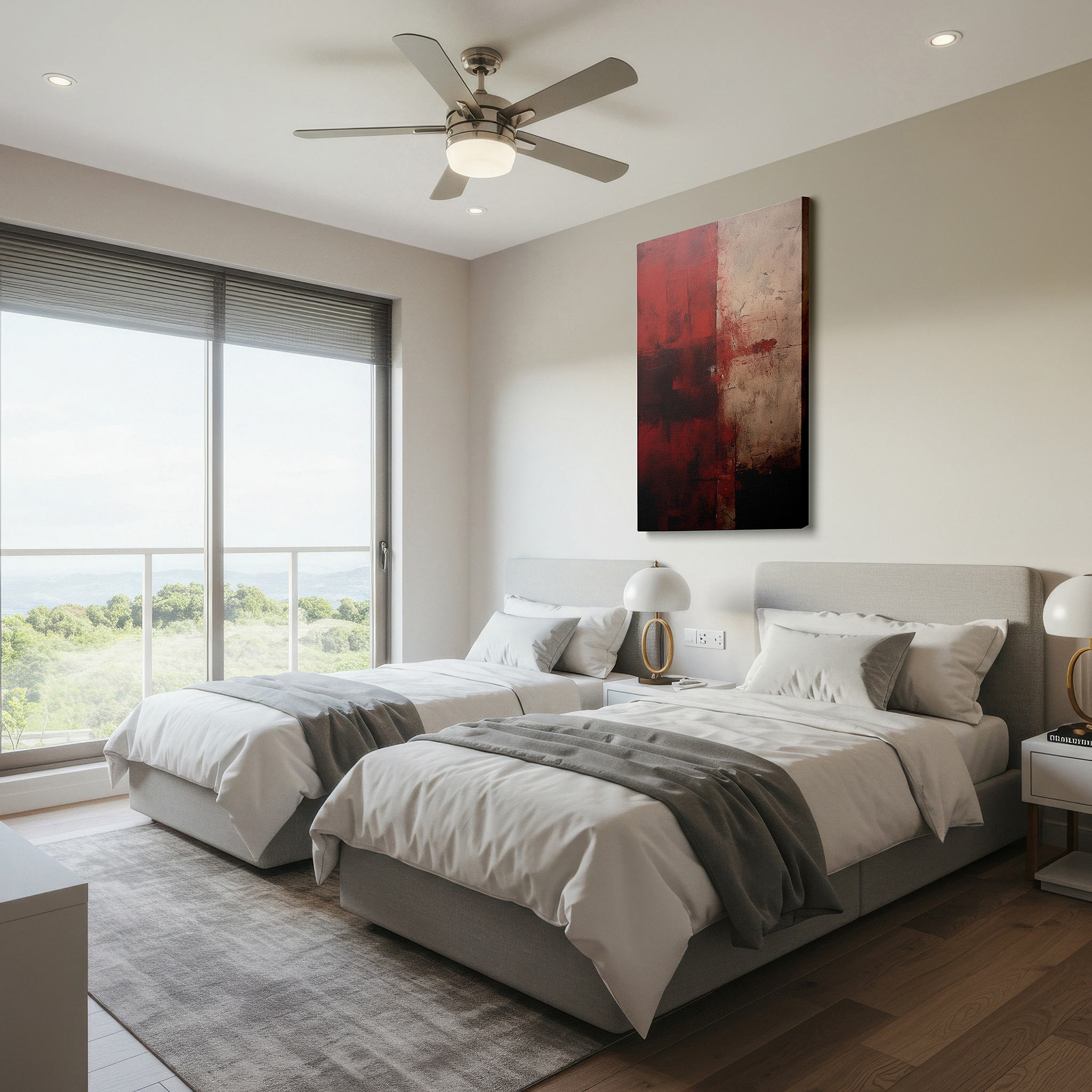 Presented on a clean white gallery wall with ample space — vivid reds and mysterious darks: emotional spectrum of conflict large wall art, canvas wall art, wall decor for office and bedroom