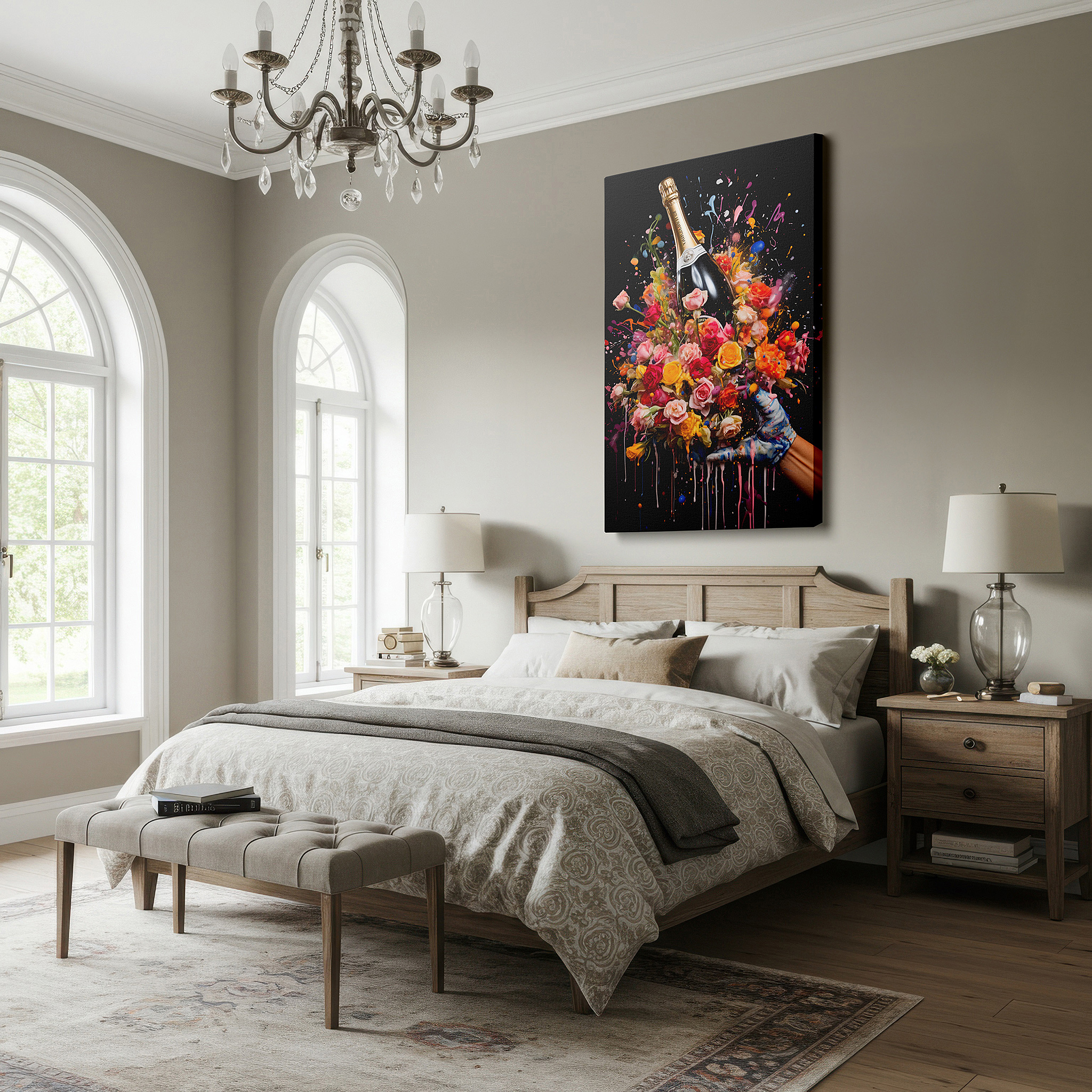 Presented on a clean white gallery wall with ample space — wall art: a celebration of life with champagne and vibrant bursts of joy and creativity - large canvas wall art for office and bedroom decor