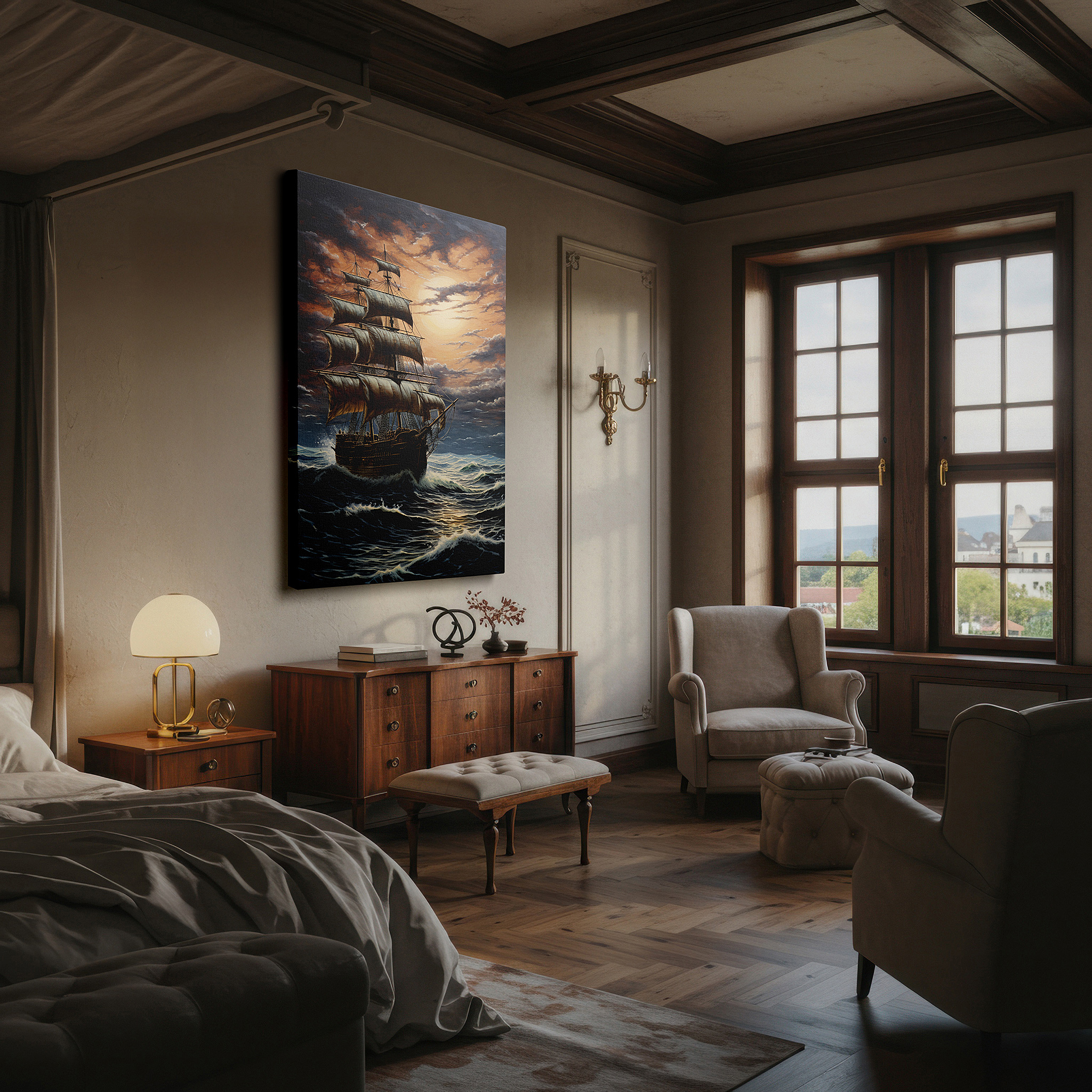 Presented on a clean white gallery wall with ample space — wall art: enchanting nocturnal sea voyage - graceful sailing under a moonlit sky, unveiling nature's mysteries, large canvas wall art decor