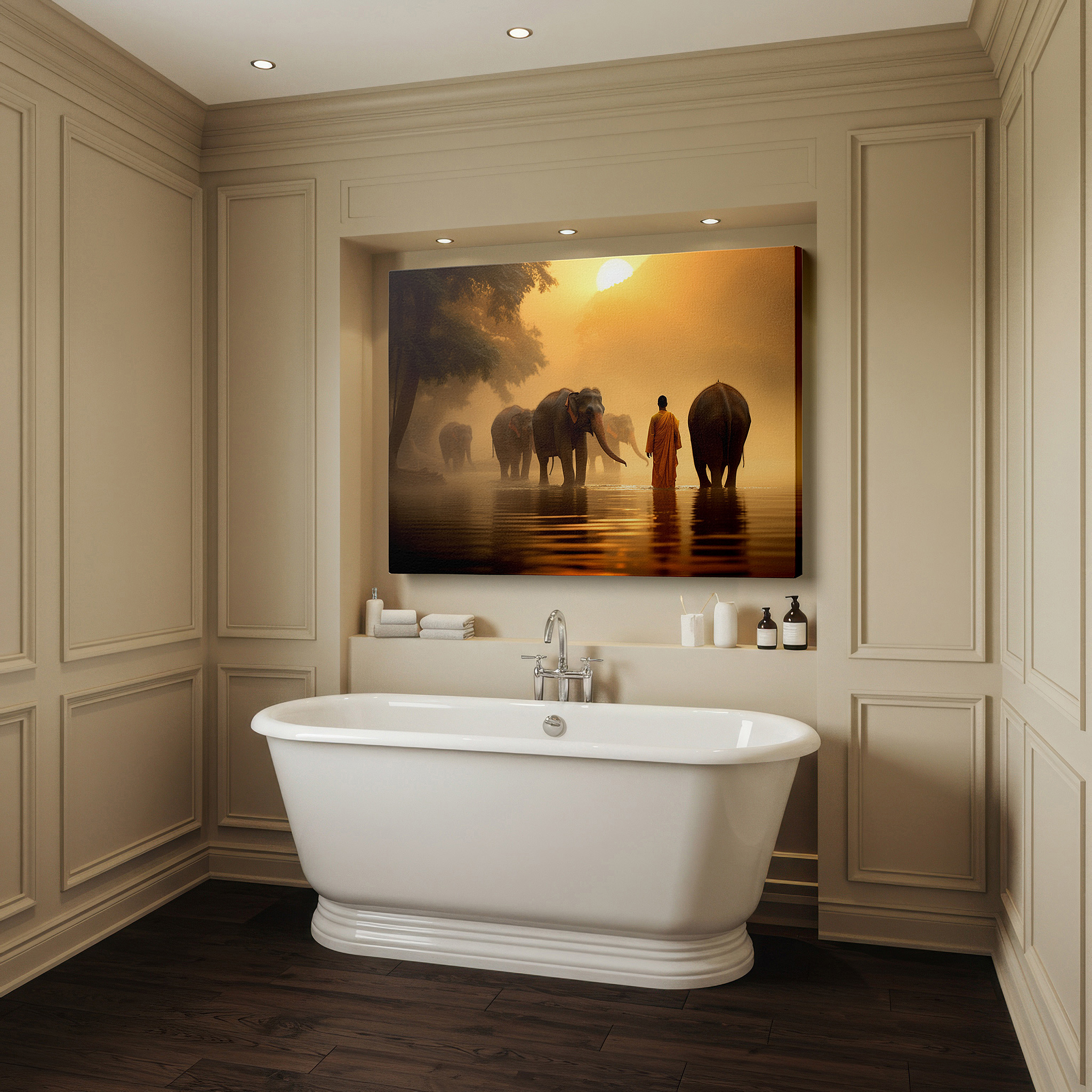 Presented on a clean white gallery wall with ample space — wall art: experience harmony and spirituality with this misty sunrise scene featuring monks and elephants. perfect for office, bedroom, or living room decor. available as large canvas wall art.