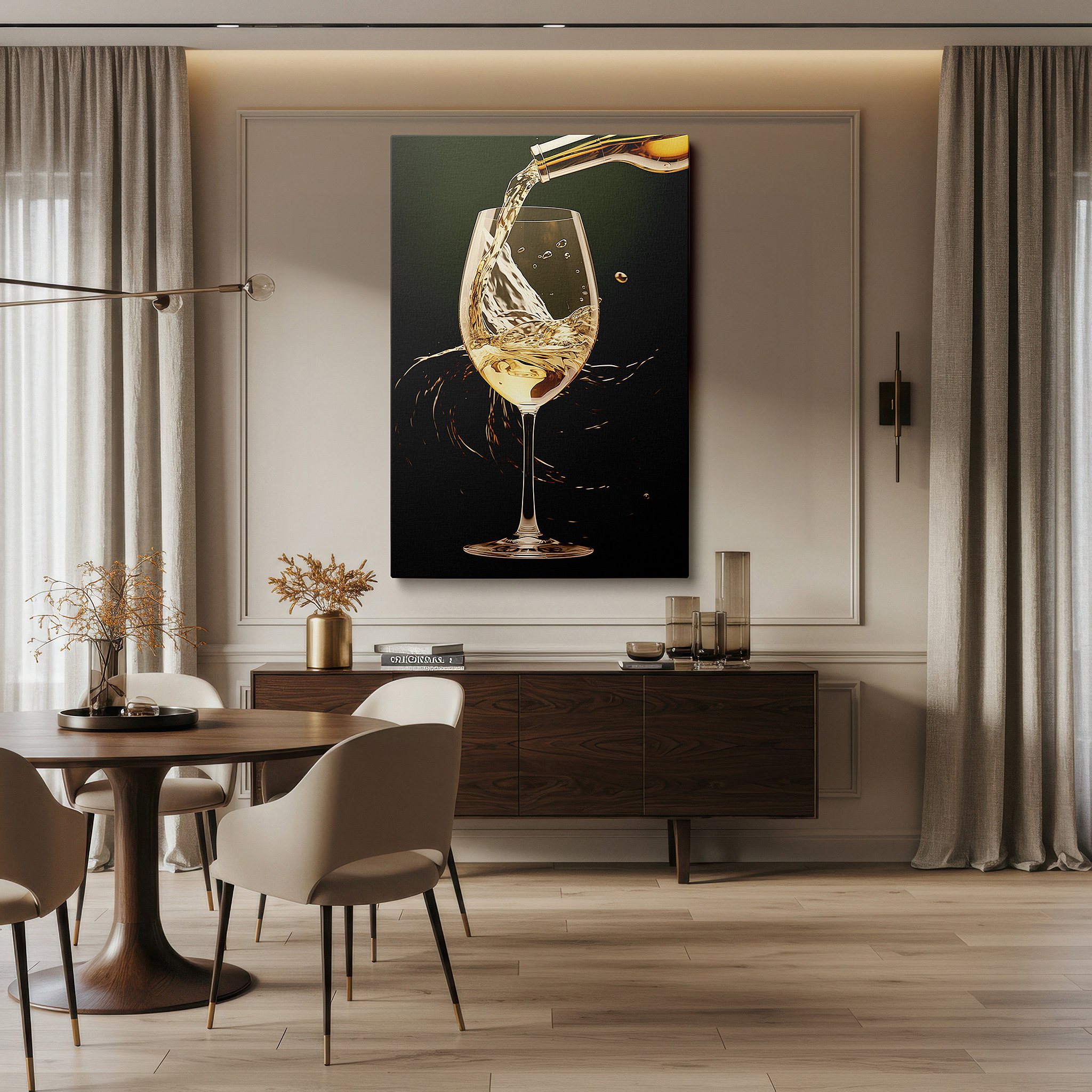Presented on a clean white gallery wall with ample space — wall art: exquisite white wine pour, a mesmerizing interplay of light and motion - large canvas wall art for office and bedroom decor