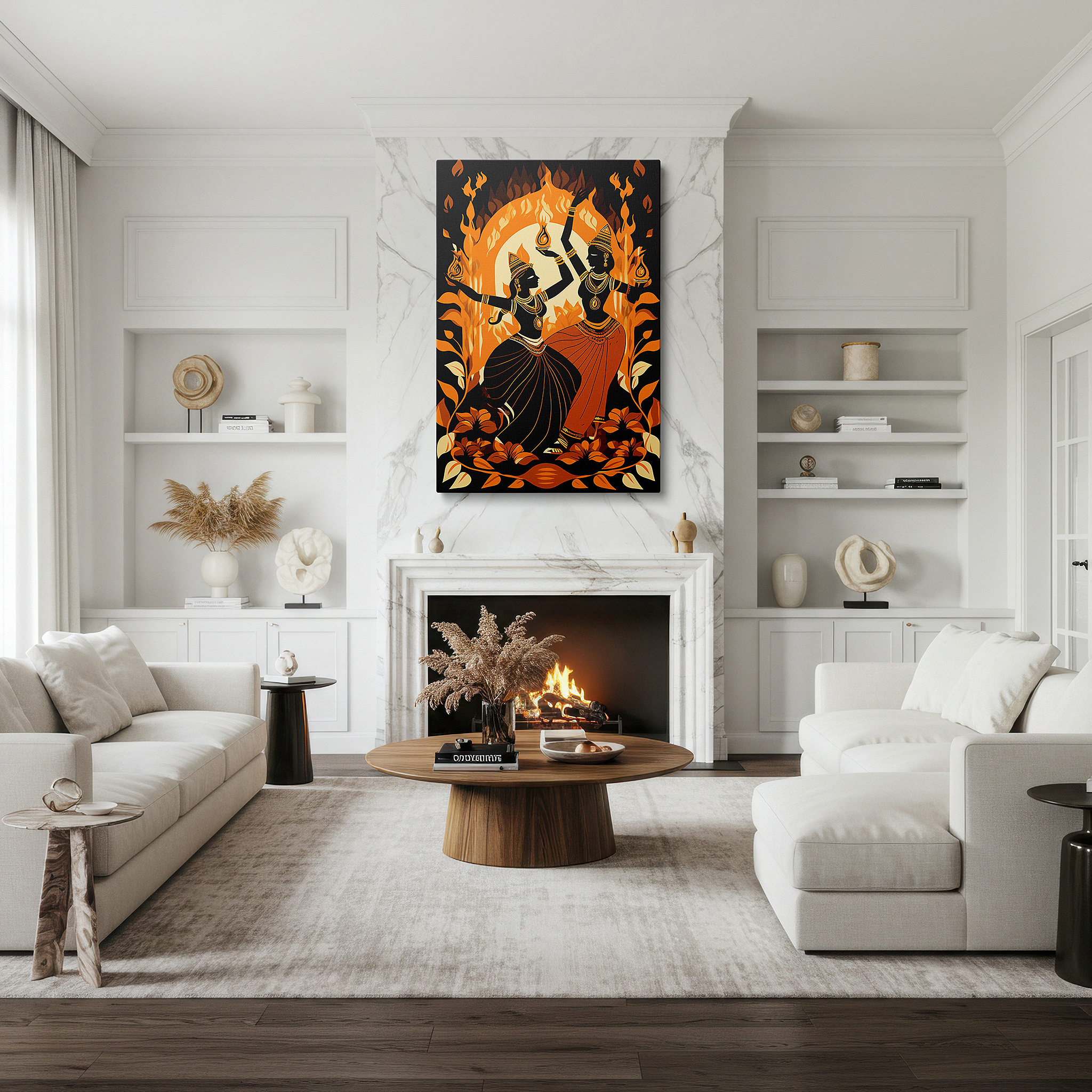 Presented on a clean white gallery wall with ample space — wall art: majestic display of goddesses dancing among flames and flowers, celebrating life and culture - large canvas art for home and office decor
