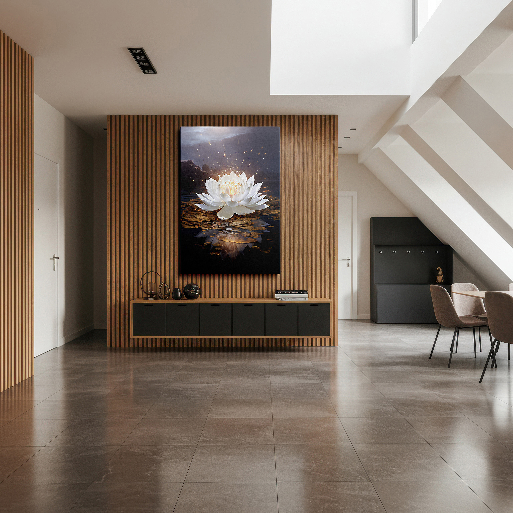 Presented on a clean white gallery wall with ample space — wall art: majestic white lotus symbolizing purity and enlightenment - large canvas wall art for office, bedroom, and living room decor