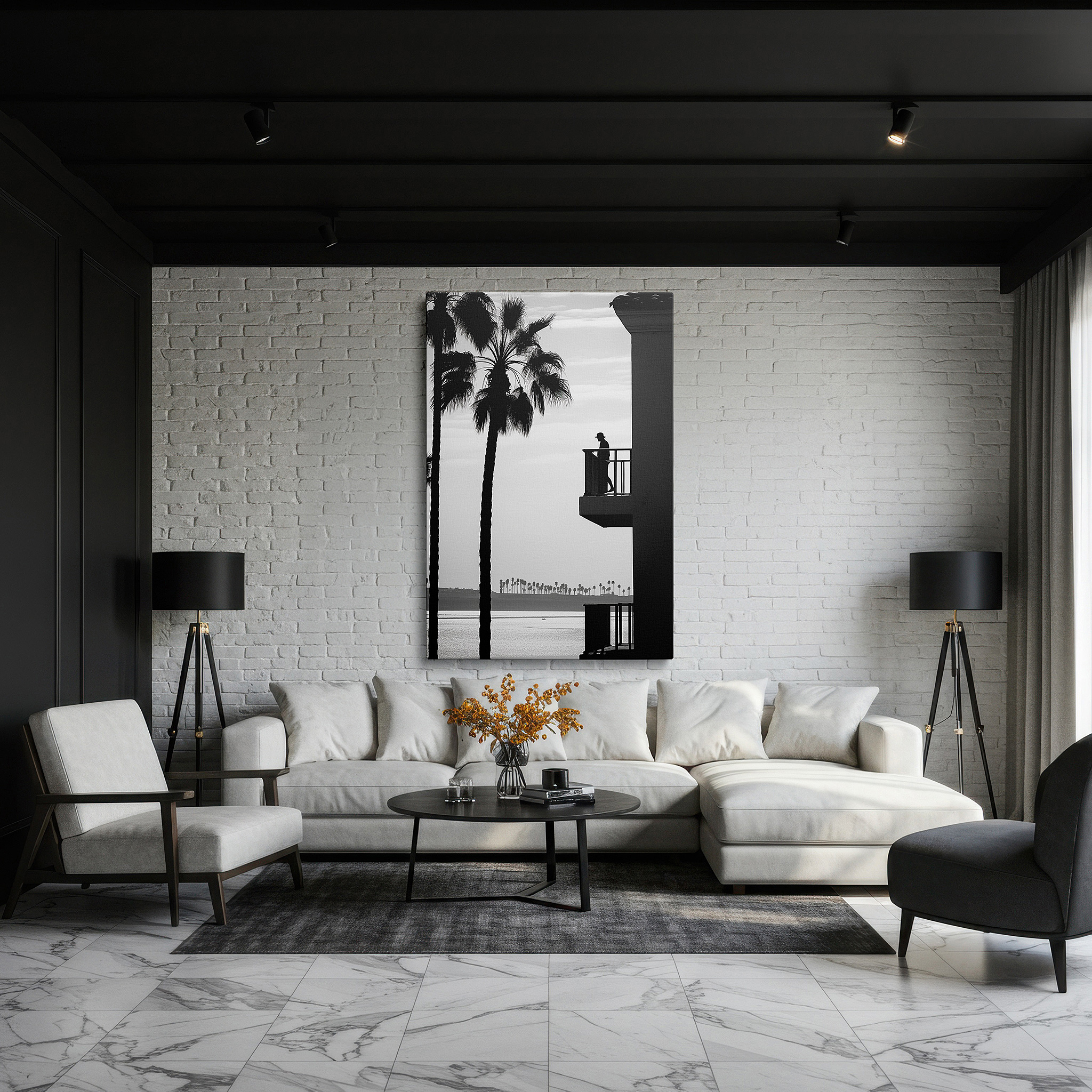 Presented on a clean white gallery wall with ample space — wall art: peaceful solitude on a balcony with a view of a quiet coastal landscape and palm trees - large canvas wall art for home and office decor