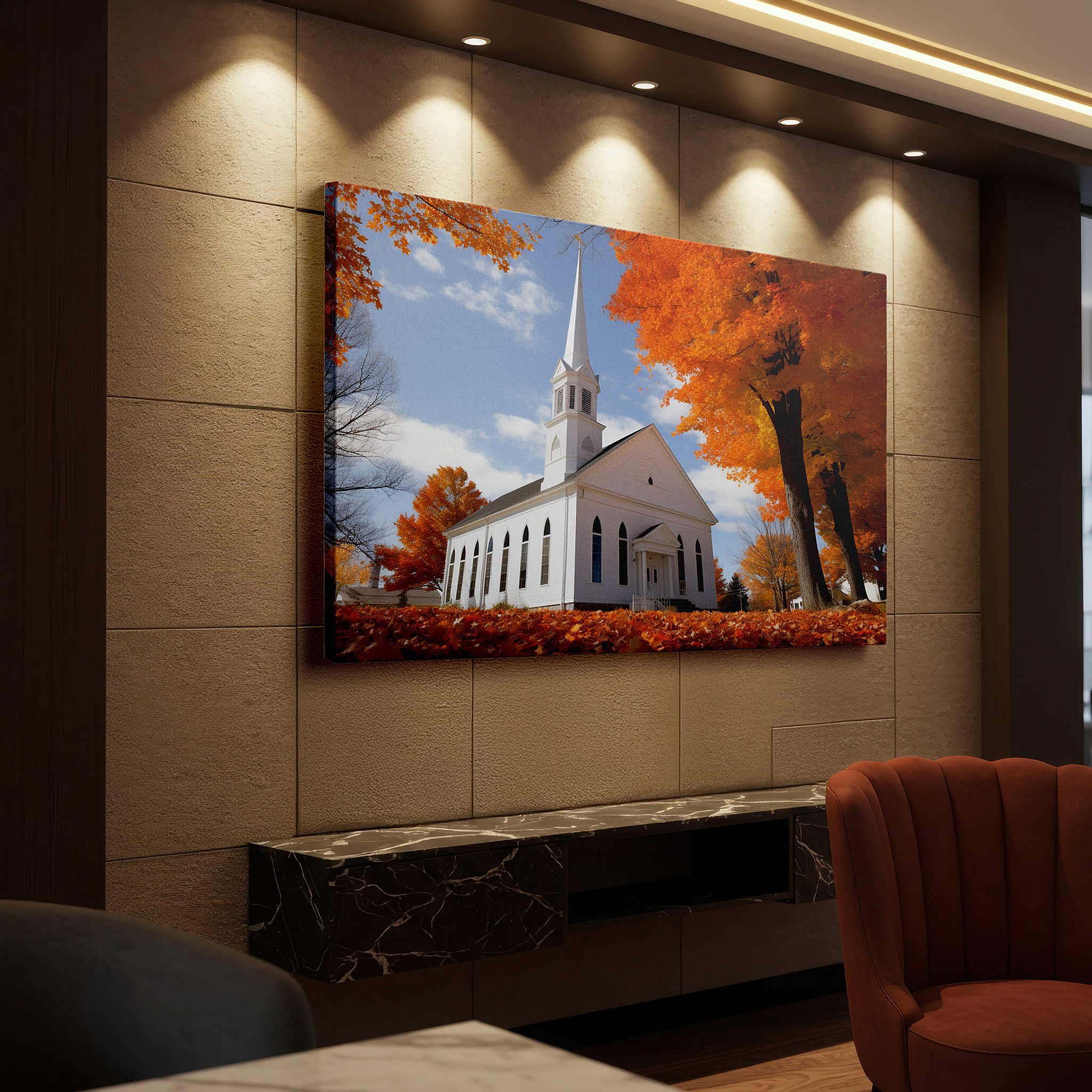 Presented on a clean white gallery wall with ample space — wall art: serene autumn day featuring a charming white church surrounded by vibrant foliage - large canvas wall art for office and bedroom decor
