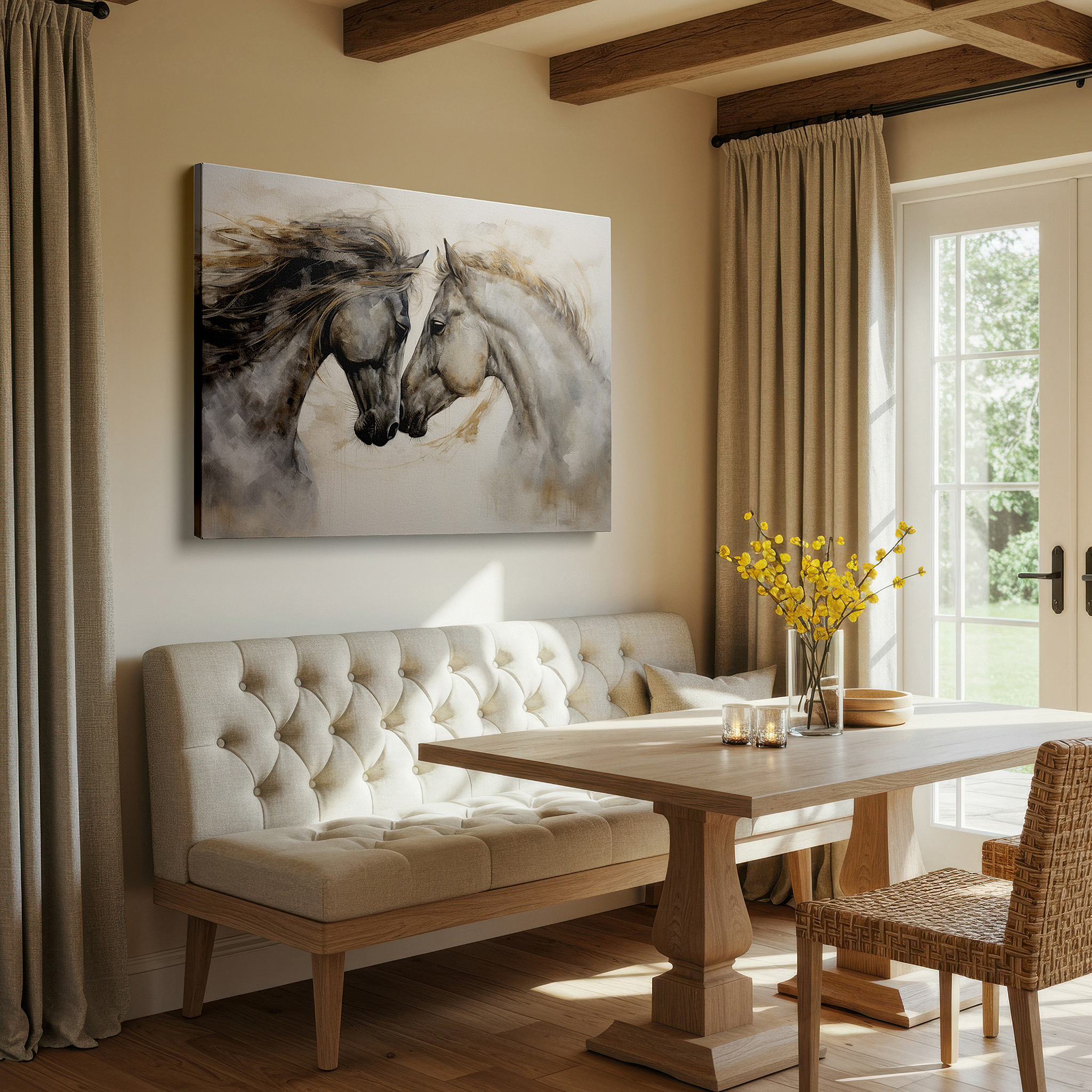 Presented on a clean white gallery wall with ample space — wall art: serene connection of two horses in perfect unity - large canvas wall art for office, bedroom, and living room decor