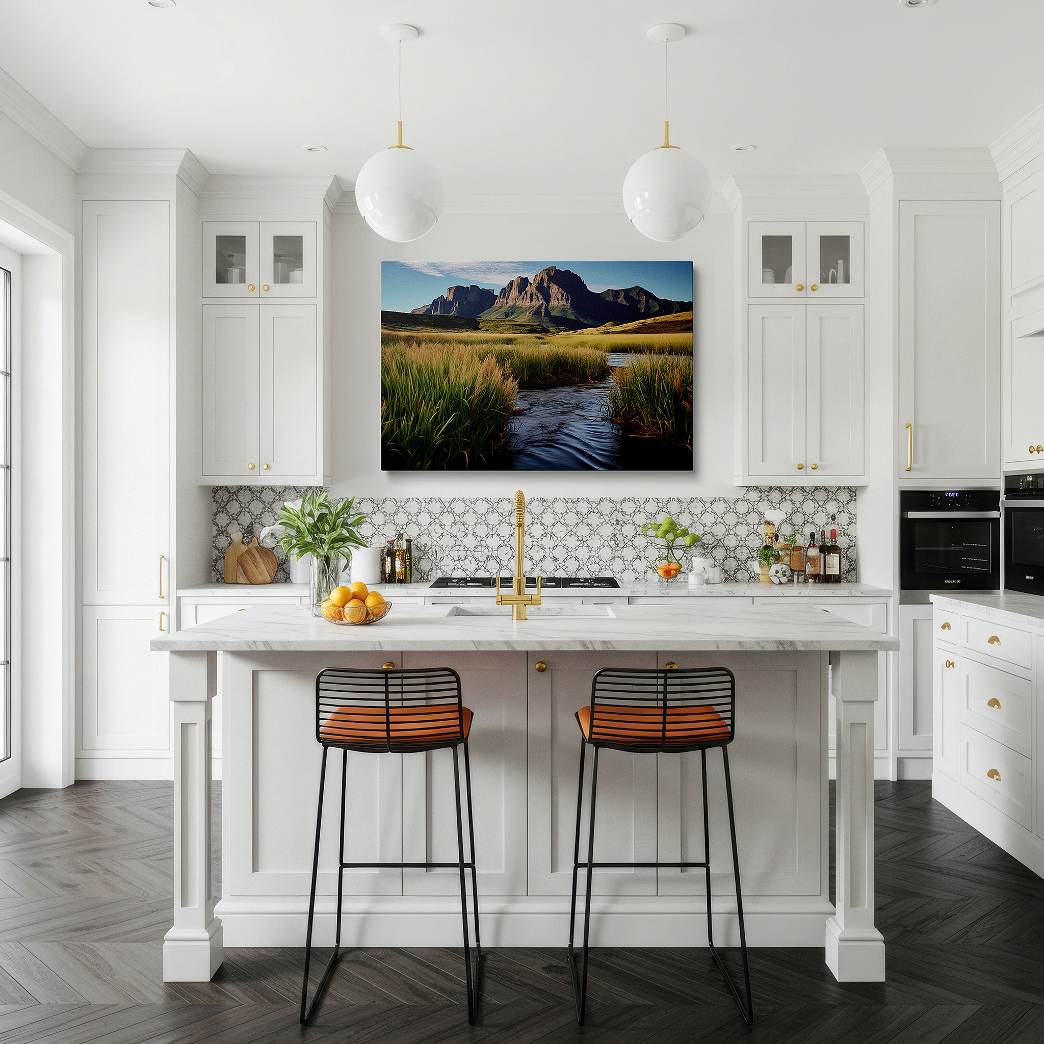 Presented on a clean white gallery wall with ample space — wall art: serene riverscape featuring grand mountains and verdant grasslands - large canvas wall art for office and bedroom decor