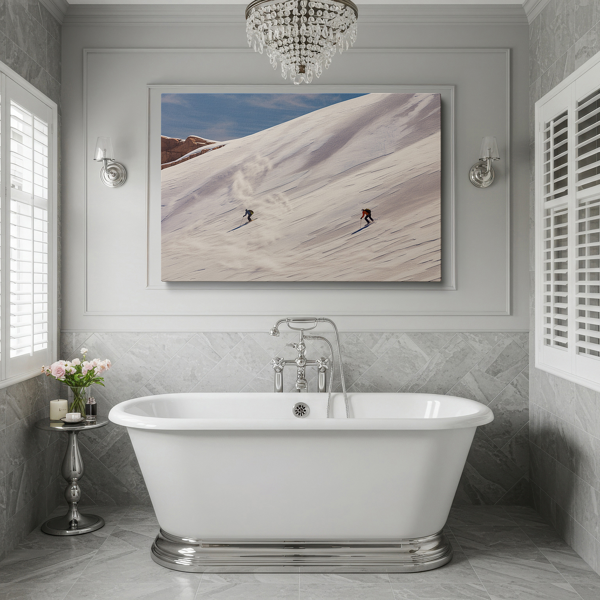Presented on a clean white gallery wall with ample space — wall art: skiers gliding on snow-covered slopes beneath a bright blue sky, a vibrant tribute to winter sports and the splendor of nature, large canvas wall art