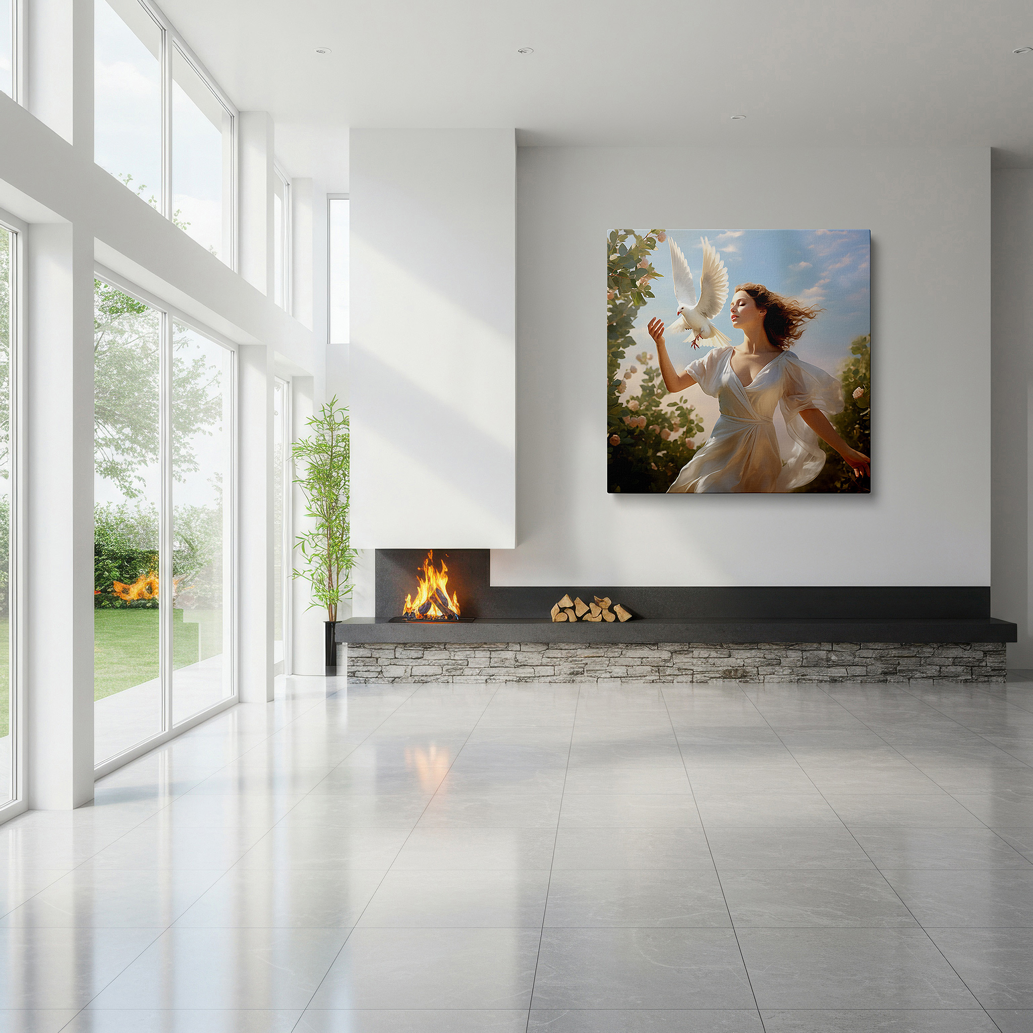 Presented on a clean white gallery wall with ample space — wall art: tranquil scene of a woman in a white dress holding a dove, representing peace and freedom - large canvas wall art for home and office decor