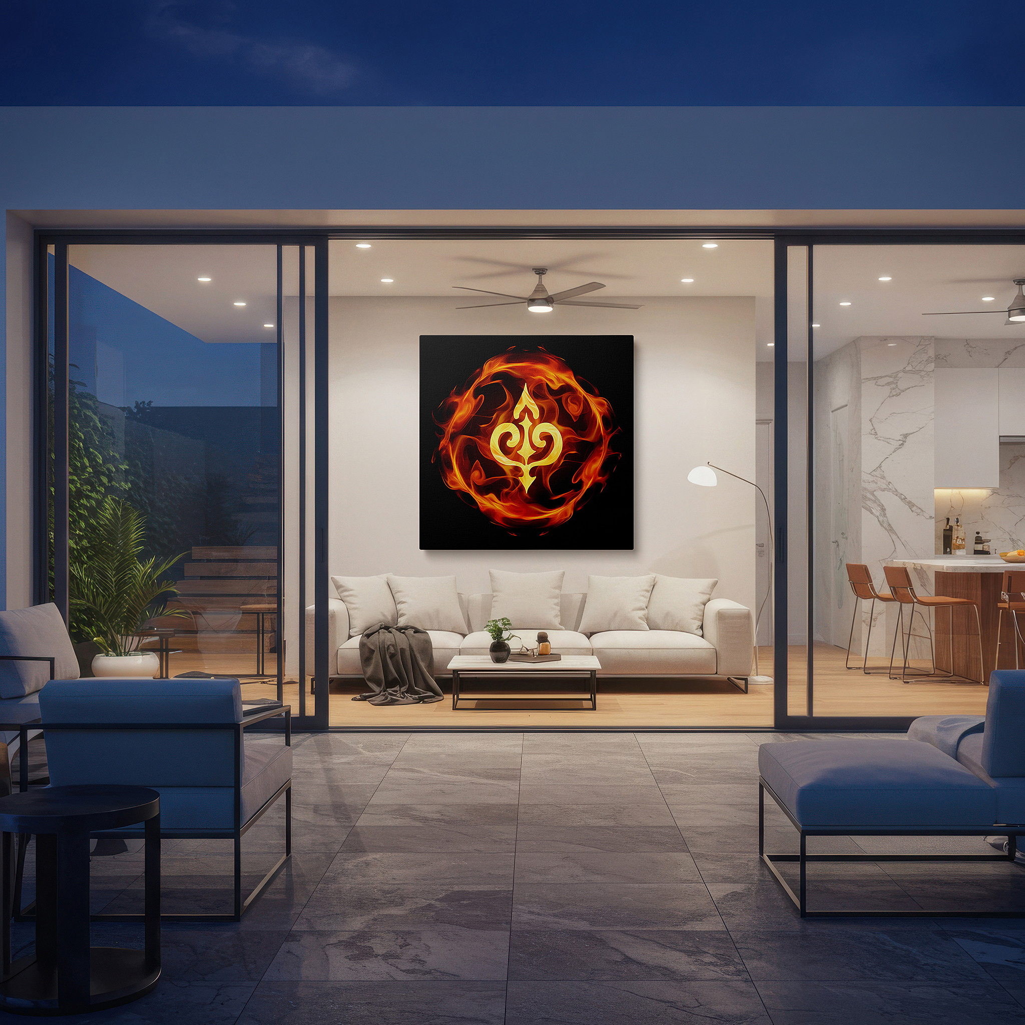 Presented on a clean white gallery wall with ample space — wall decor: fiery emblem of passion and resilience, symbolizing dynamic intensity and motivation - large canvas art for office decor