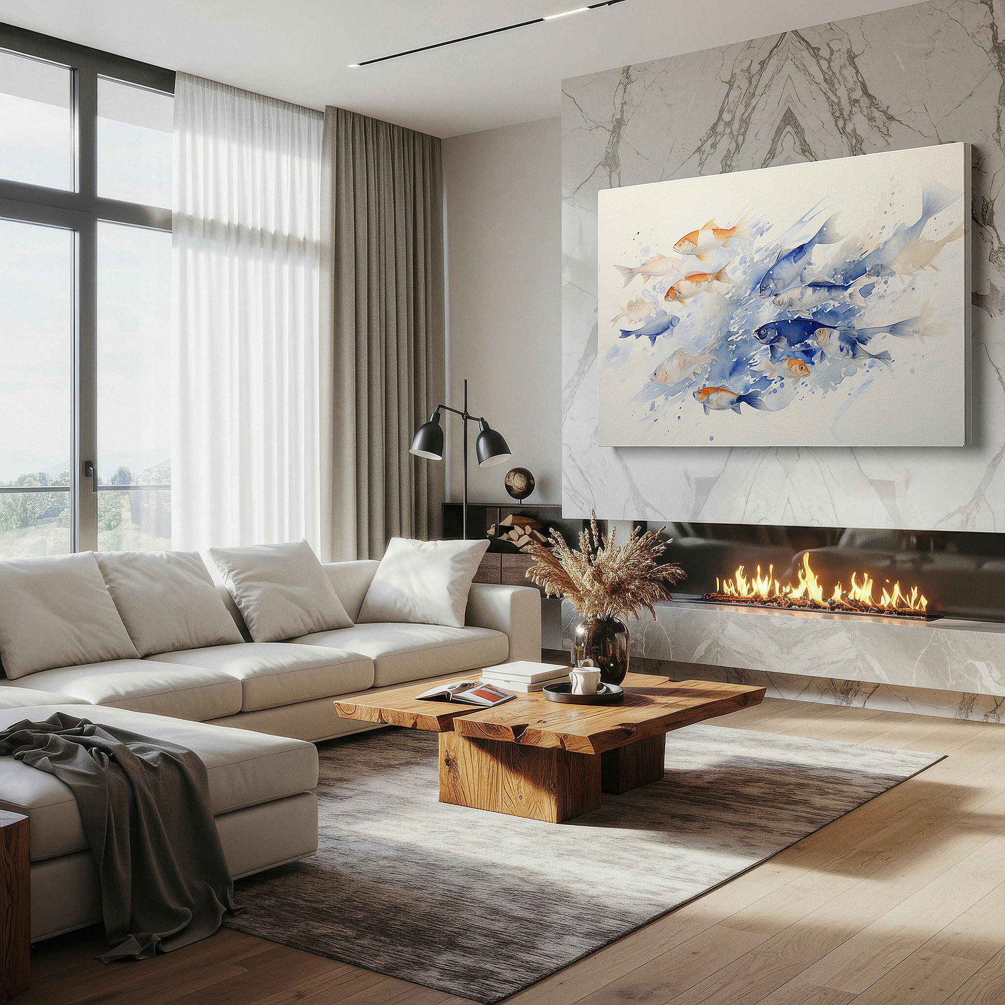 Presented on a clean white gallery wall with ample space — whimsical goldfish dancing among abstract waves in blue, orange, and white - large canvas wall art for office and bedroom decor