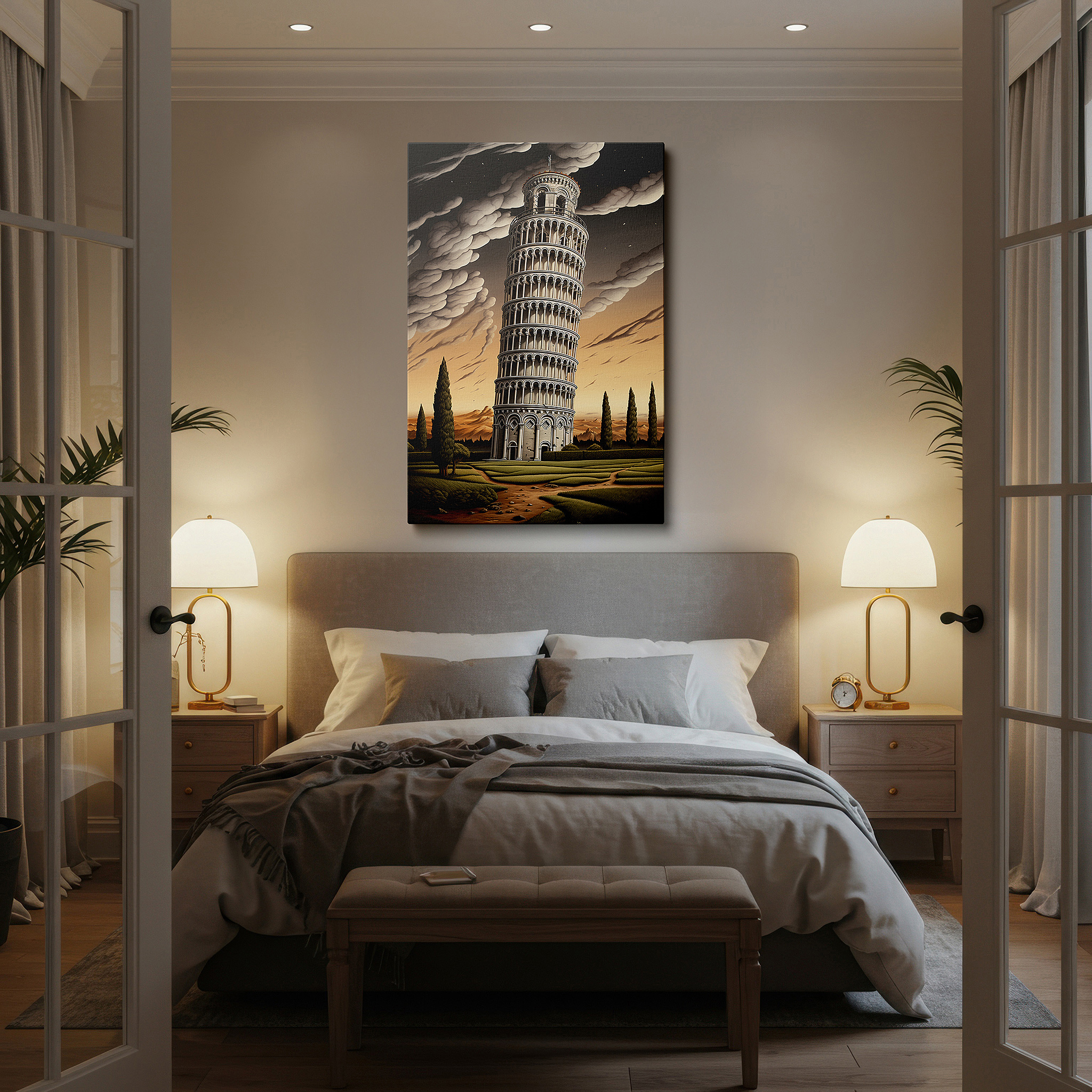 Presented on a clean white gallery wall with ample space — whimsical leaning tower of pisa canvas wall art with dynamic sky for office, bedroom, and living room decor