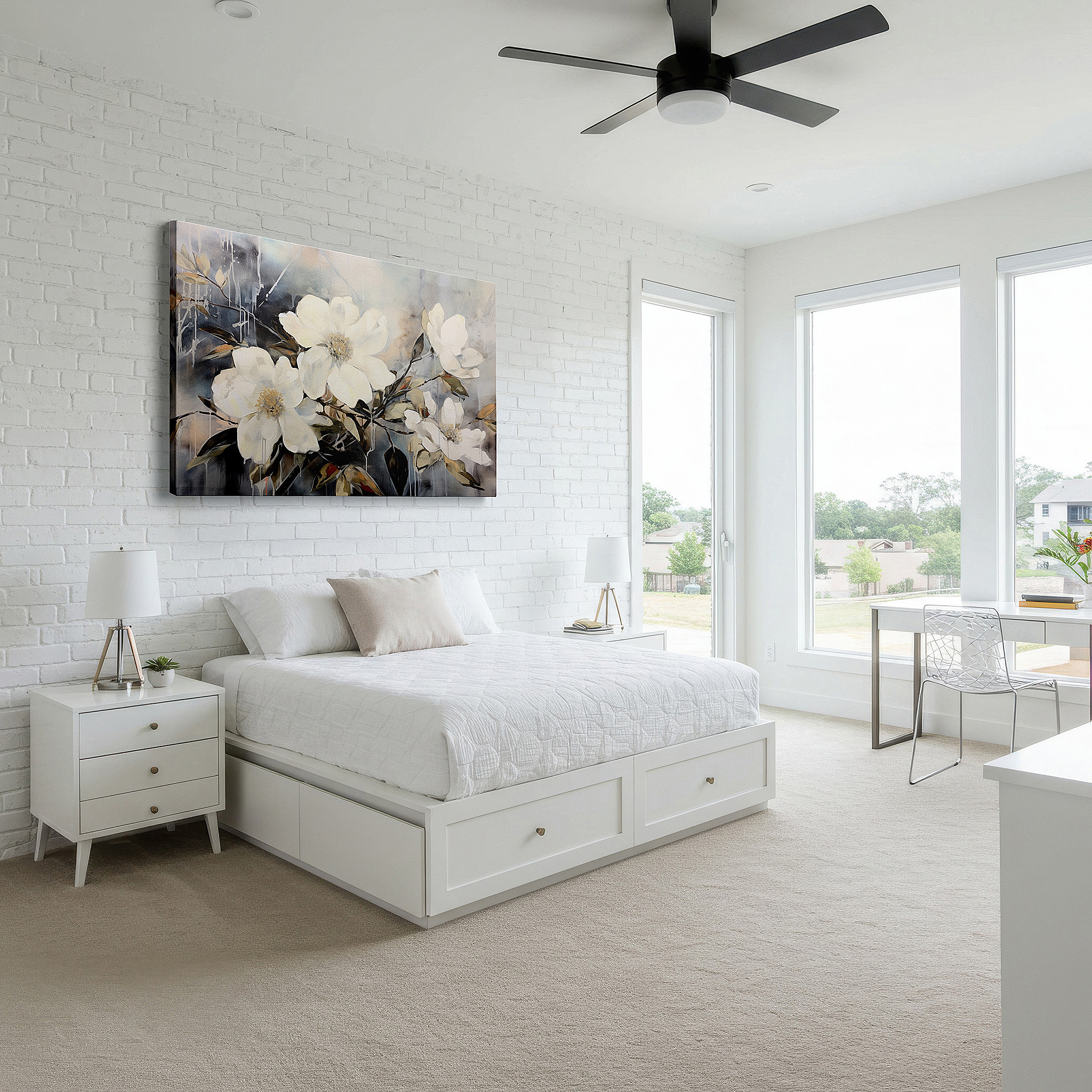 Presented on a clean white gallery wall with ample space — white magnolia elegance: gateway to serenity large canvas wall art for office, bedroom, and living room decor