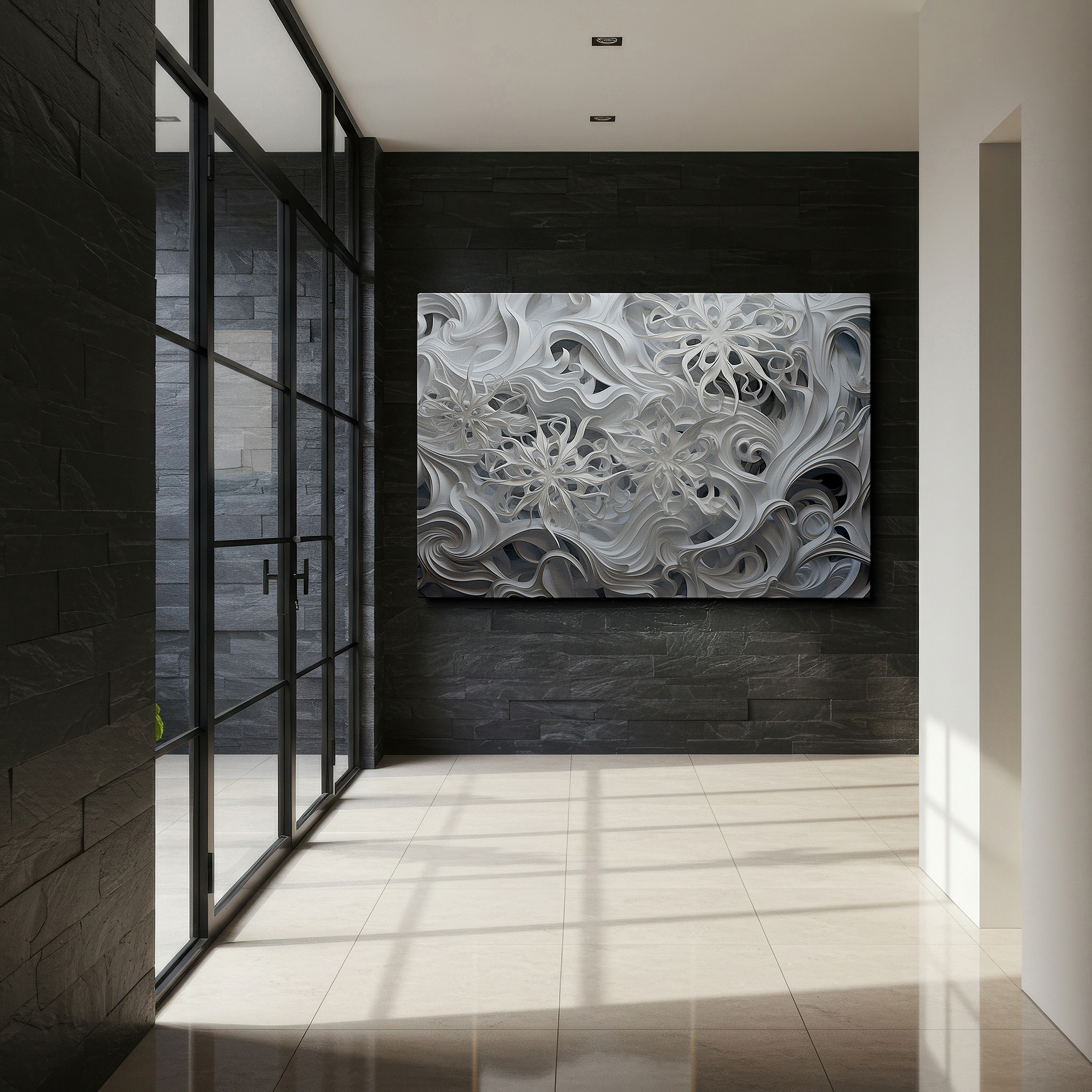 Set in a minimalist interior with textured walls and soft rugs — abstract floral elegance and creativity dance large wall art, canvas wall art, wall decor for office, bedroom, and living room