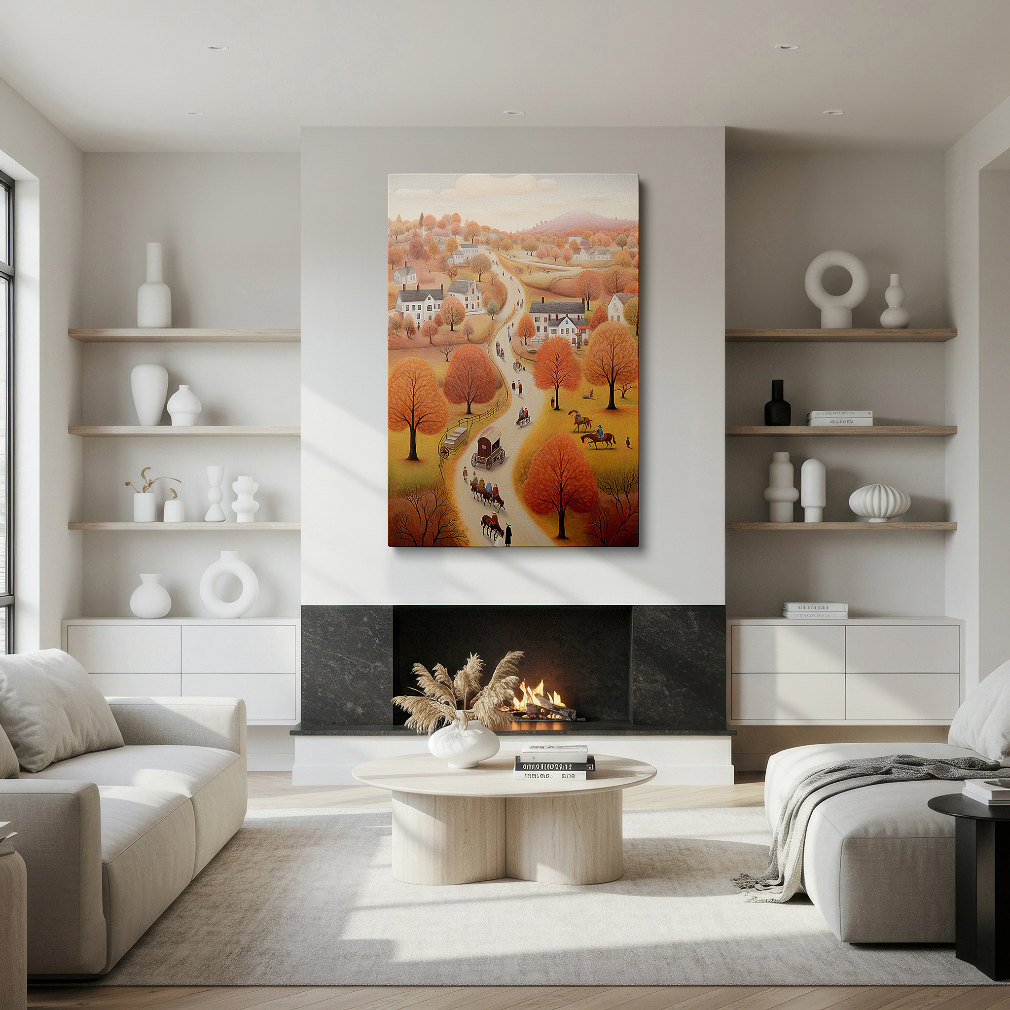 Set in a minimalist interior with textured walls and soft rugs — autumn embrace in a quaint village: a rustic journey through vibrant fall colors and charming village life - large wall art, canvas wall art, wall art