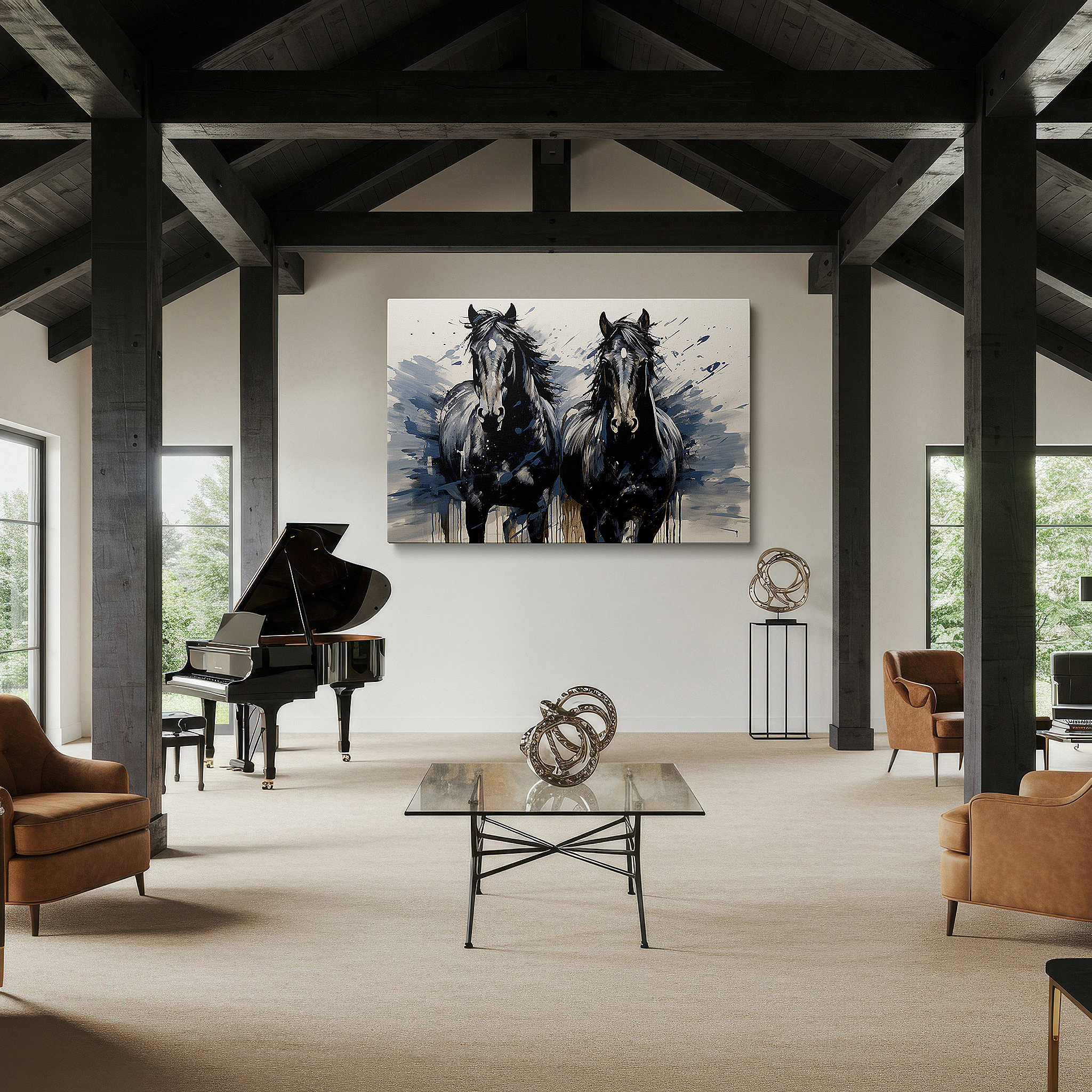Set in a minimalist interior with textured walls and soft rugs — black horses in motion: celebrating power and grace - large canvas wall art for office and bedroom decor
