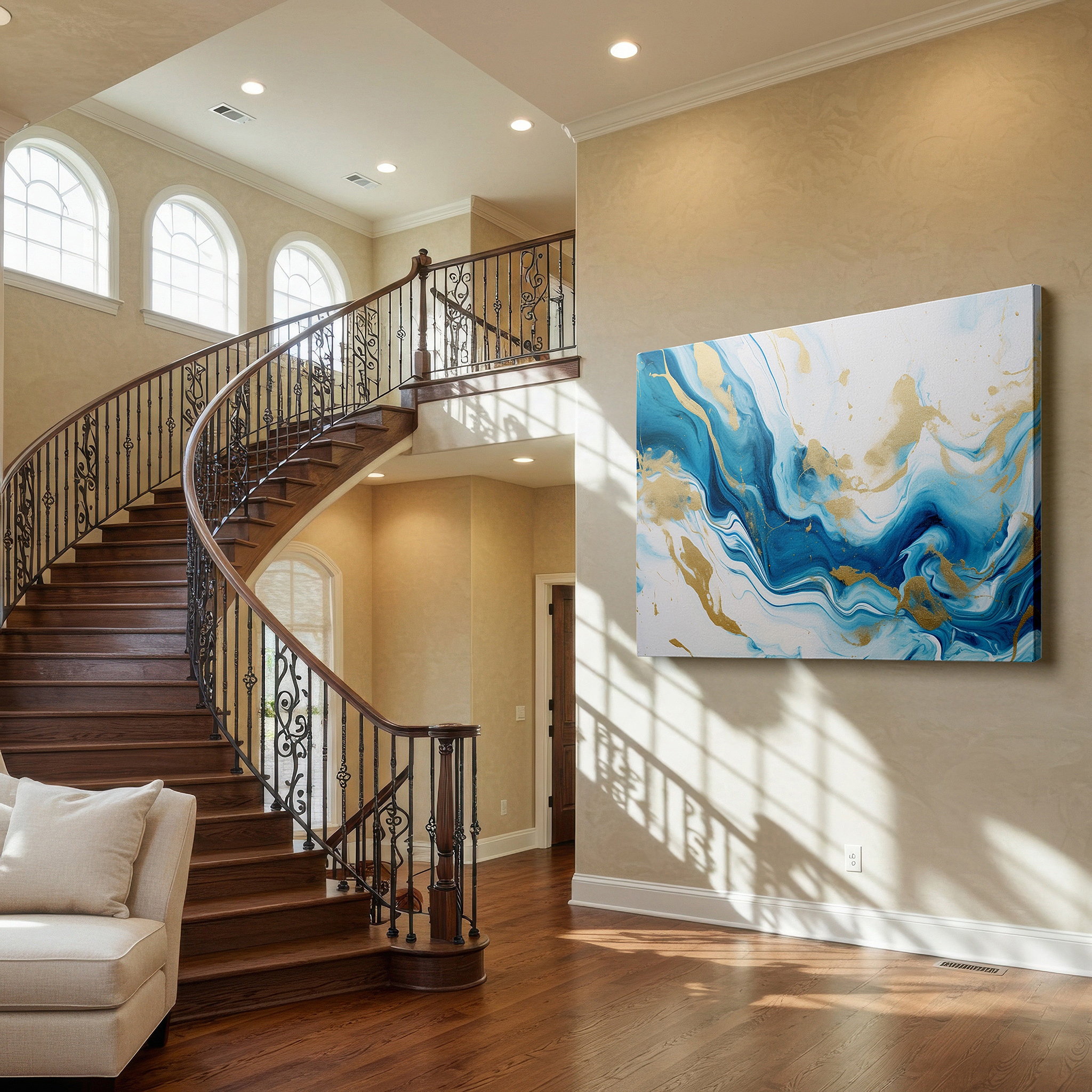 Set in a minimalist interior with textured walls and soft rugs — blue and gold enchanting nature-inspired large wall art, canvas decor for office and bedroom
